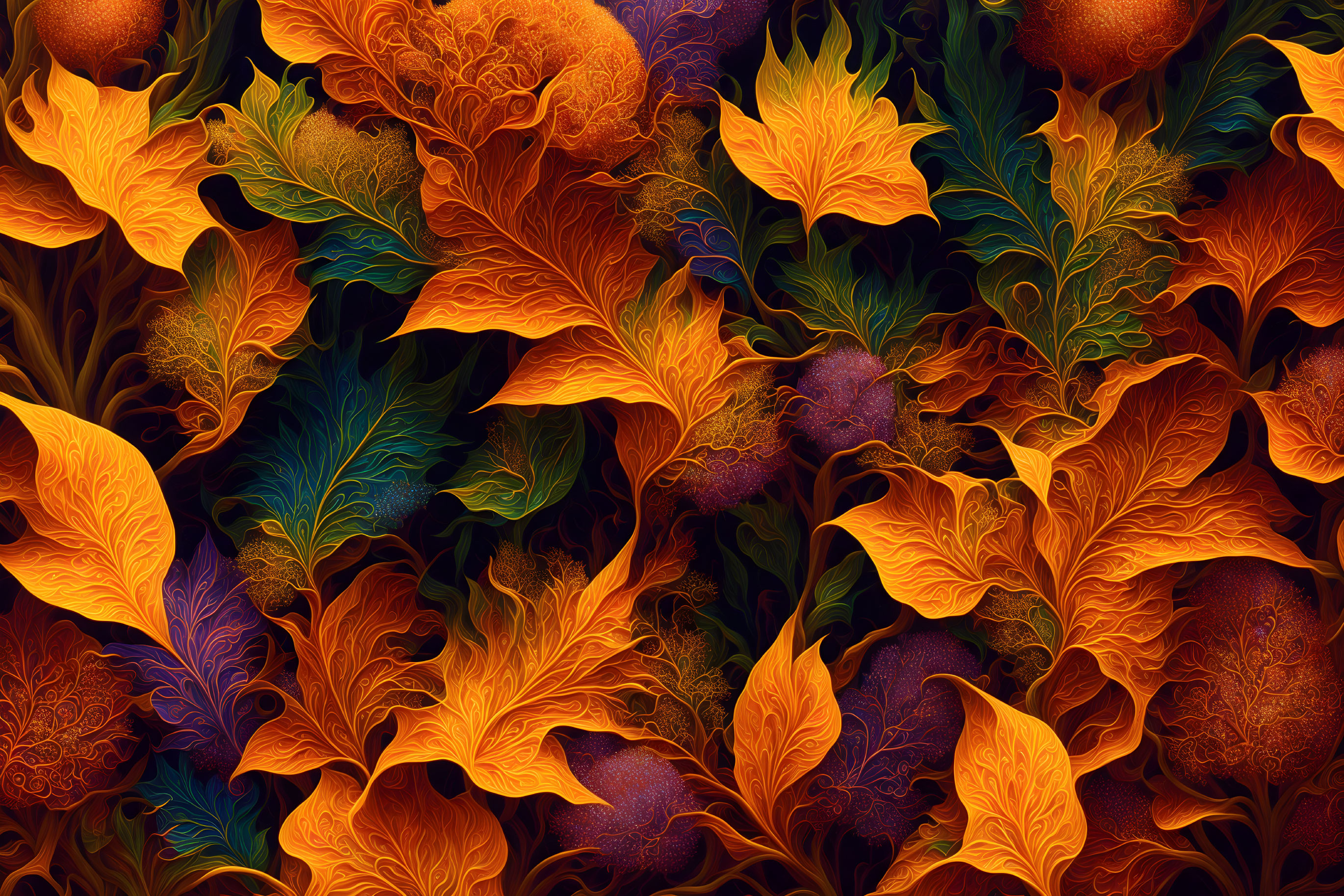 Colorful digital artwork: Swirling leaf patterns in orange and green hues