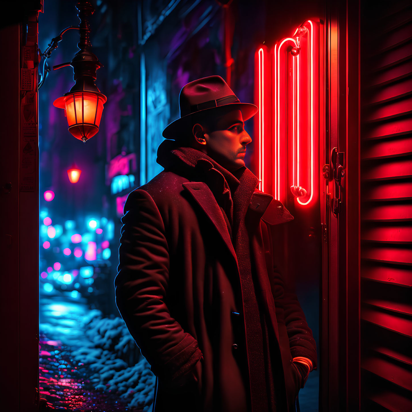 Man in coat and hat by neon lights in snowy night street.