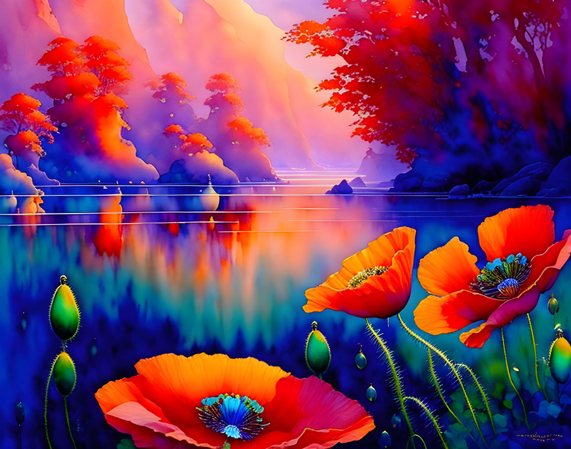 Colorful lakeside digital artwork with red flowers and misty background