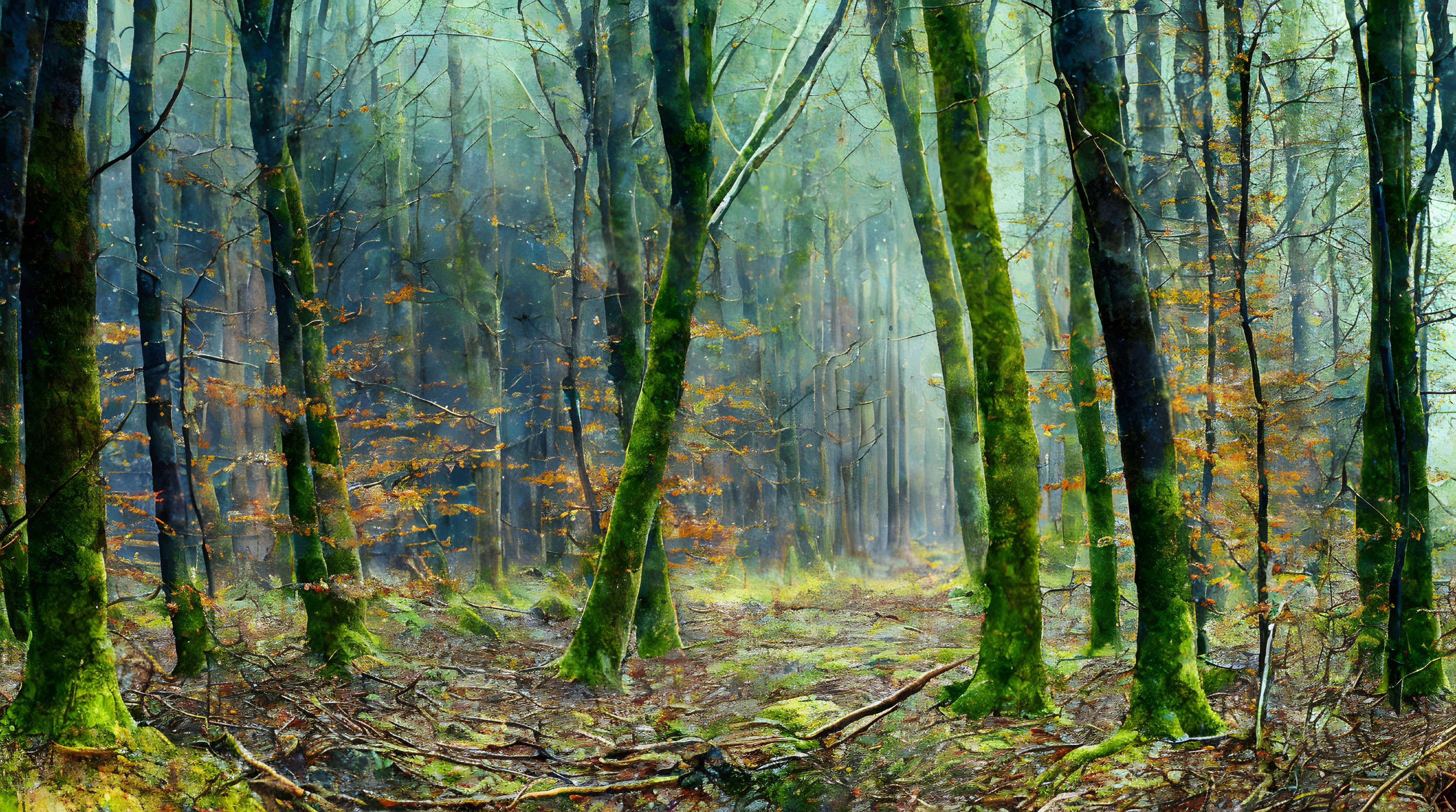 Enchanting misty forest with tall trees, sunlight filtering through fog, mossy ground, and