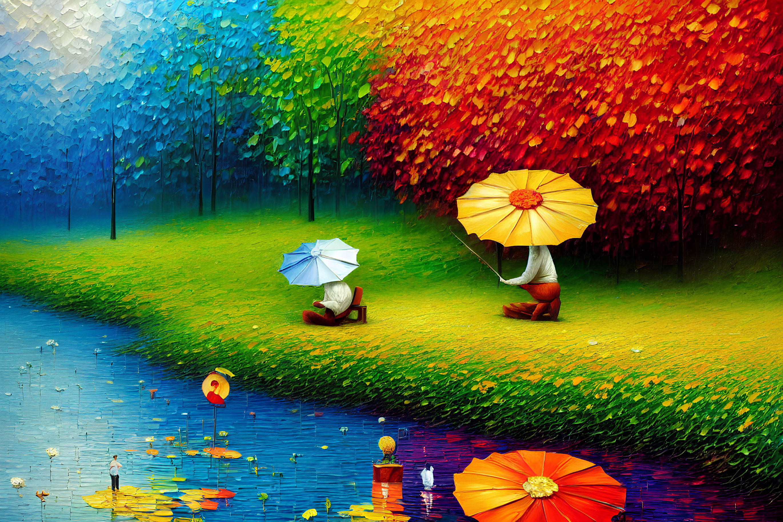 Colorful Umbrellas Painting by River in Blue to Red Landscape