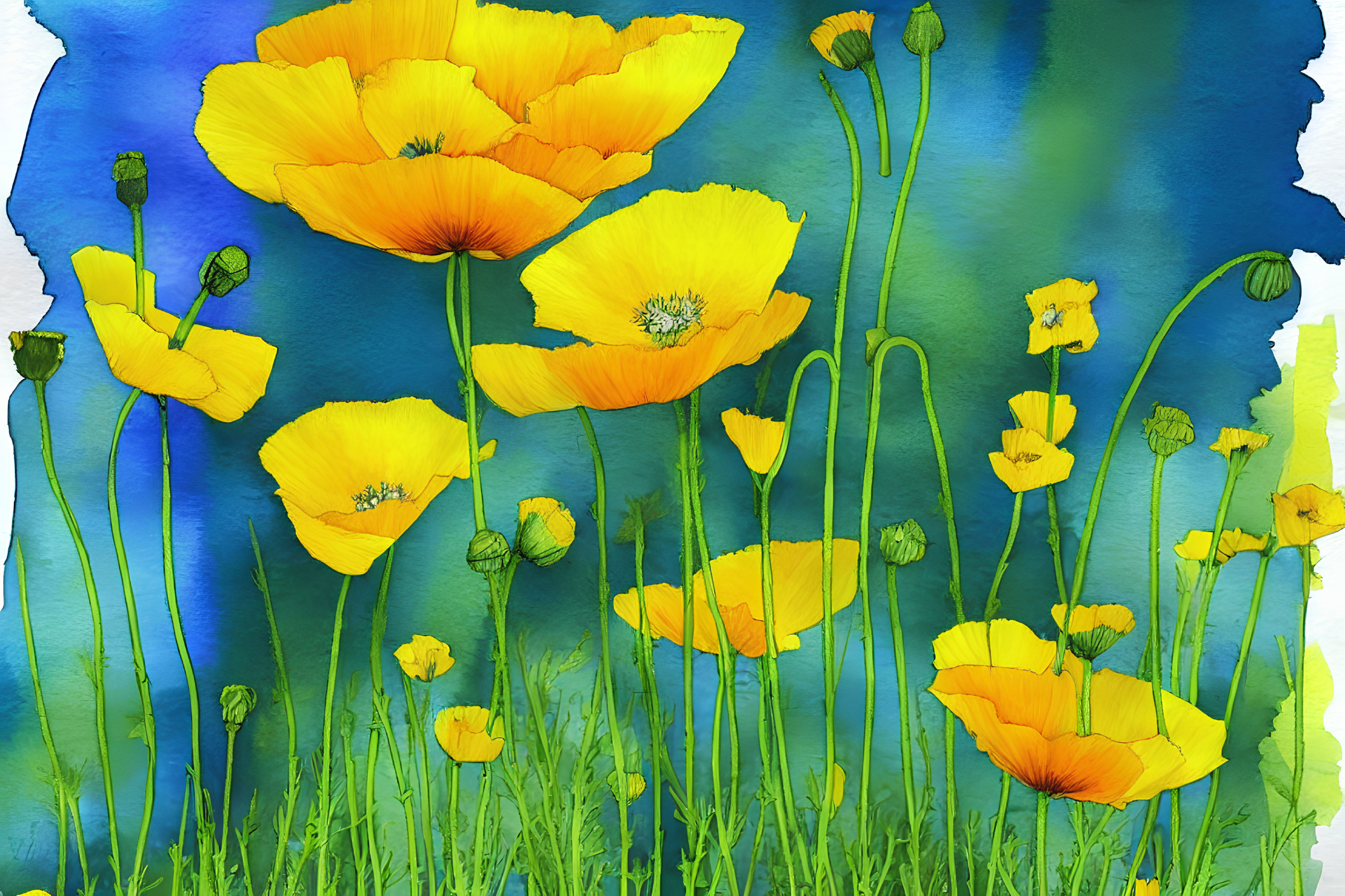 Golden poppies on textured blue and green background.