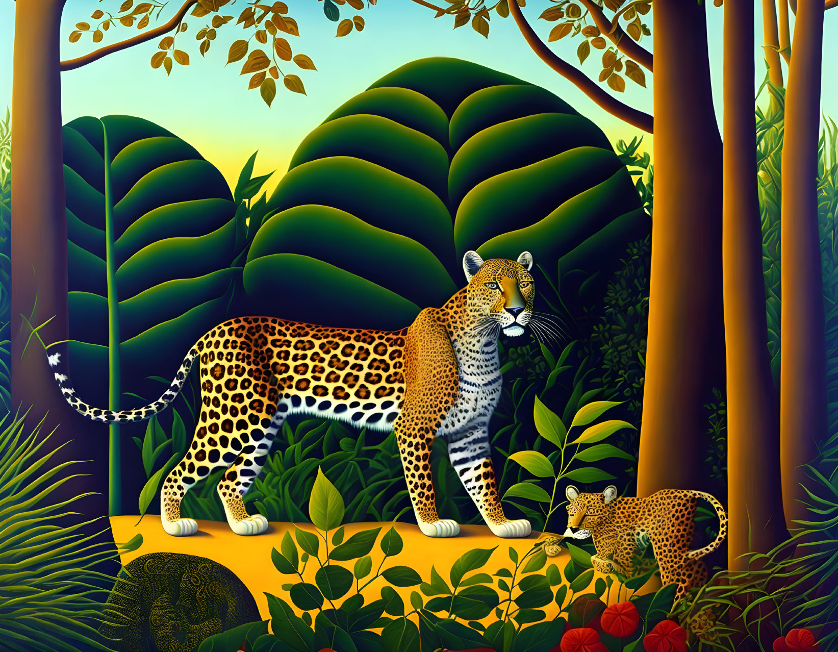 Colorful Leopard and Cub in Stylized Jungle Painting