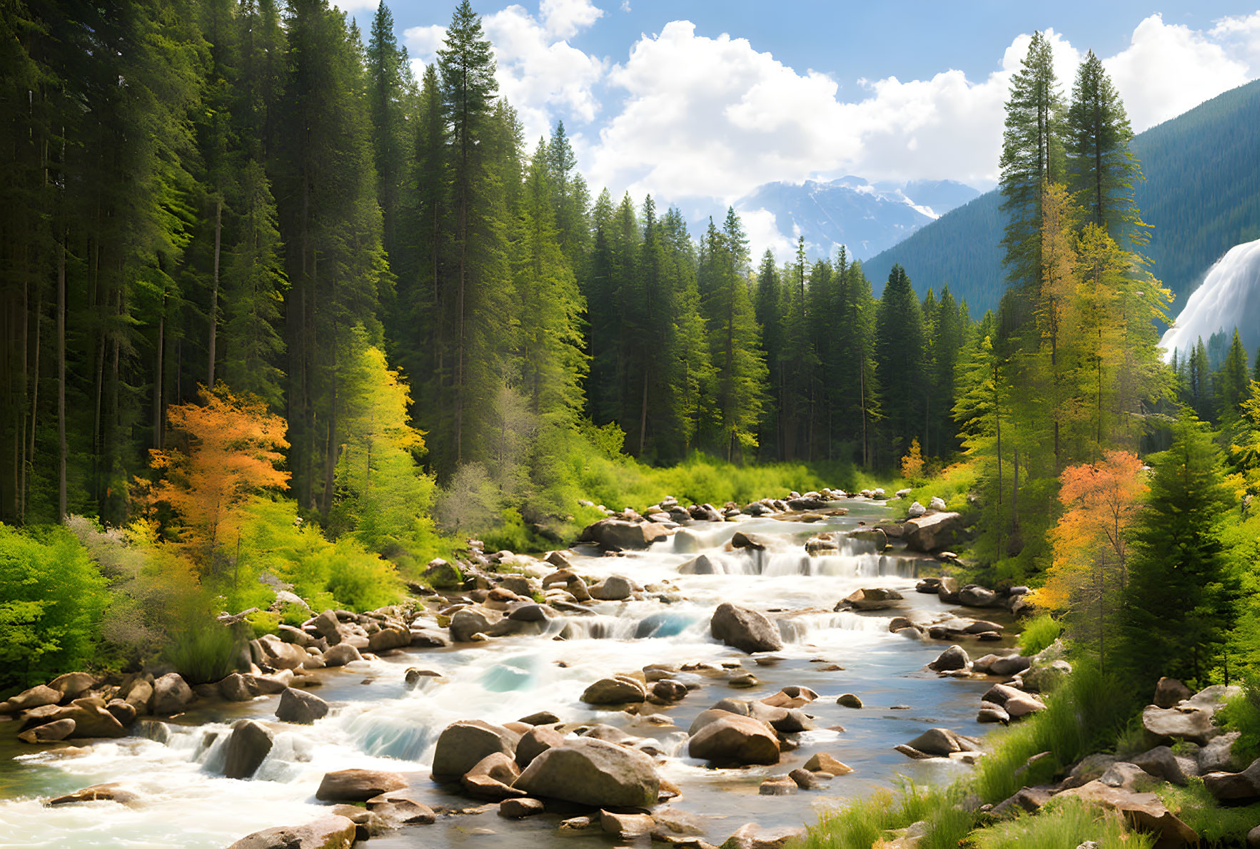 Tranquil mountain river in lush forest with autumn trees