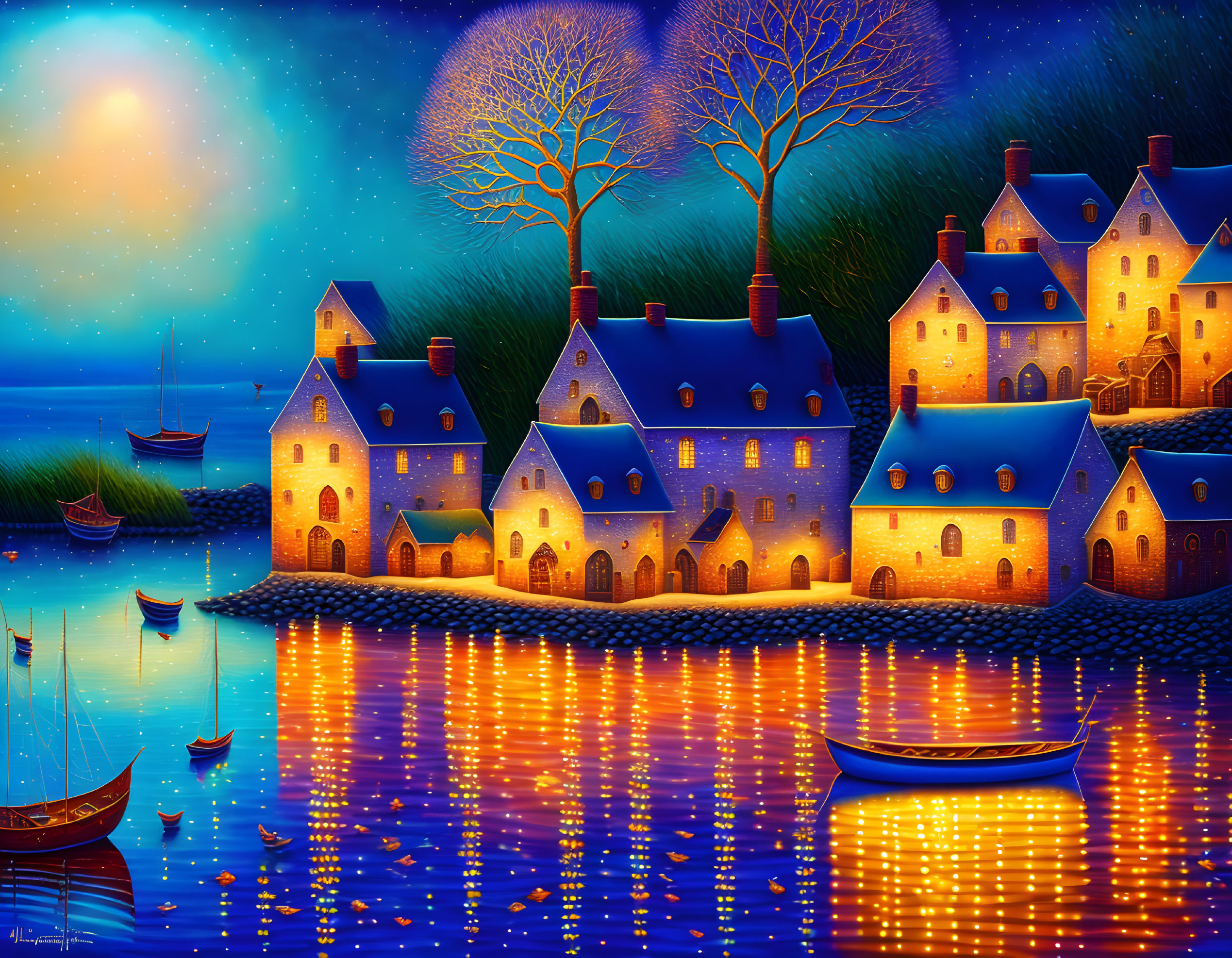 Vibrant coastal village night scene with glowing windows and starry sky