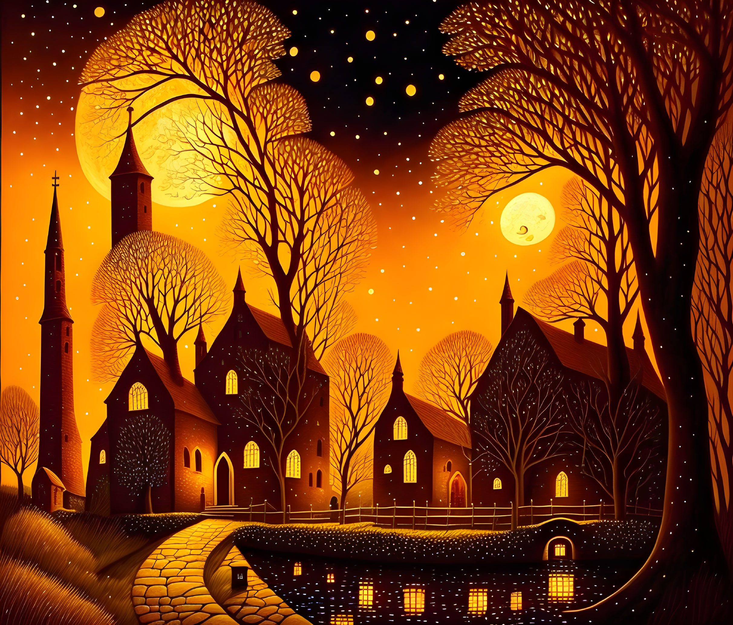 Silhouetted autumnal scene with moon, stars, church, and houses