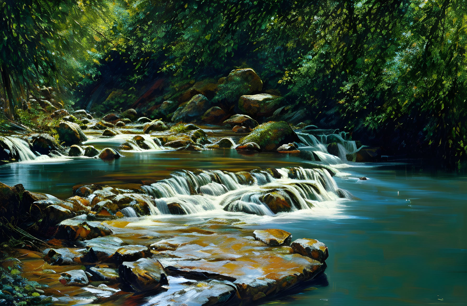 Tranquil forest stream with cascading waterfalls and lush greenery