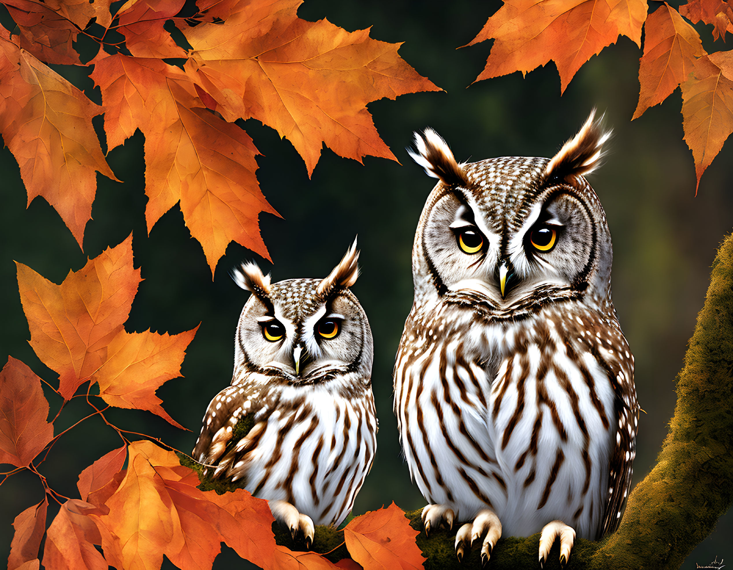 Pair of owls on branch in autumn scene