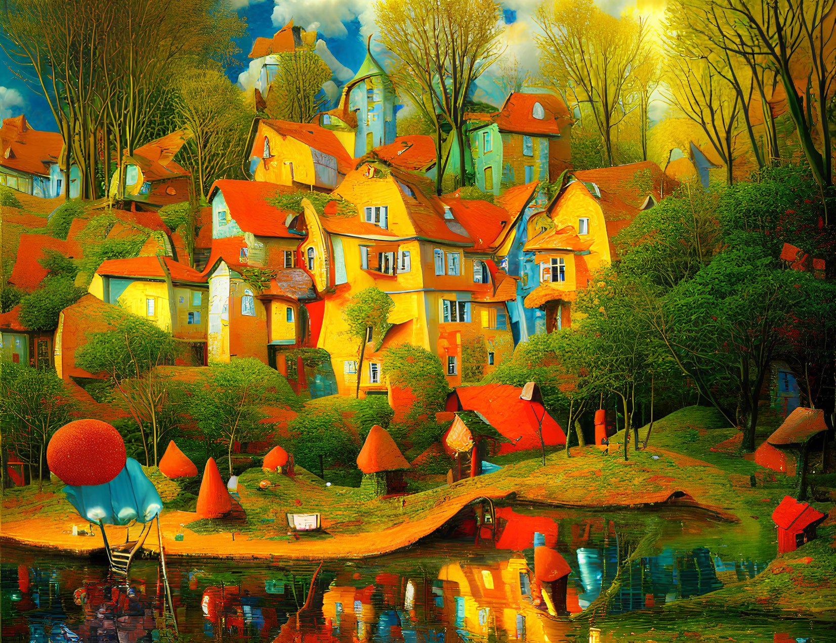 Colorful Surreal Village Painting with Anthropomorphic Trees