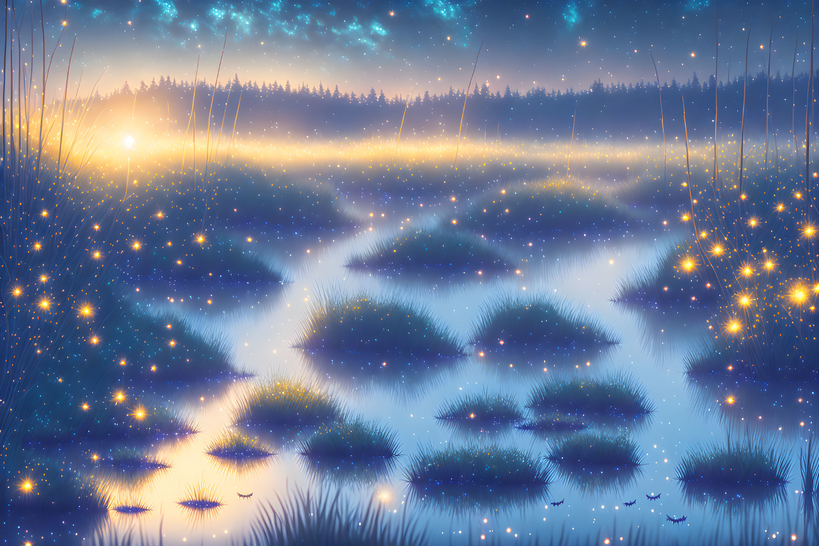 Twilight landscape with fireflies, marsh, and forest silhouette