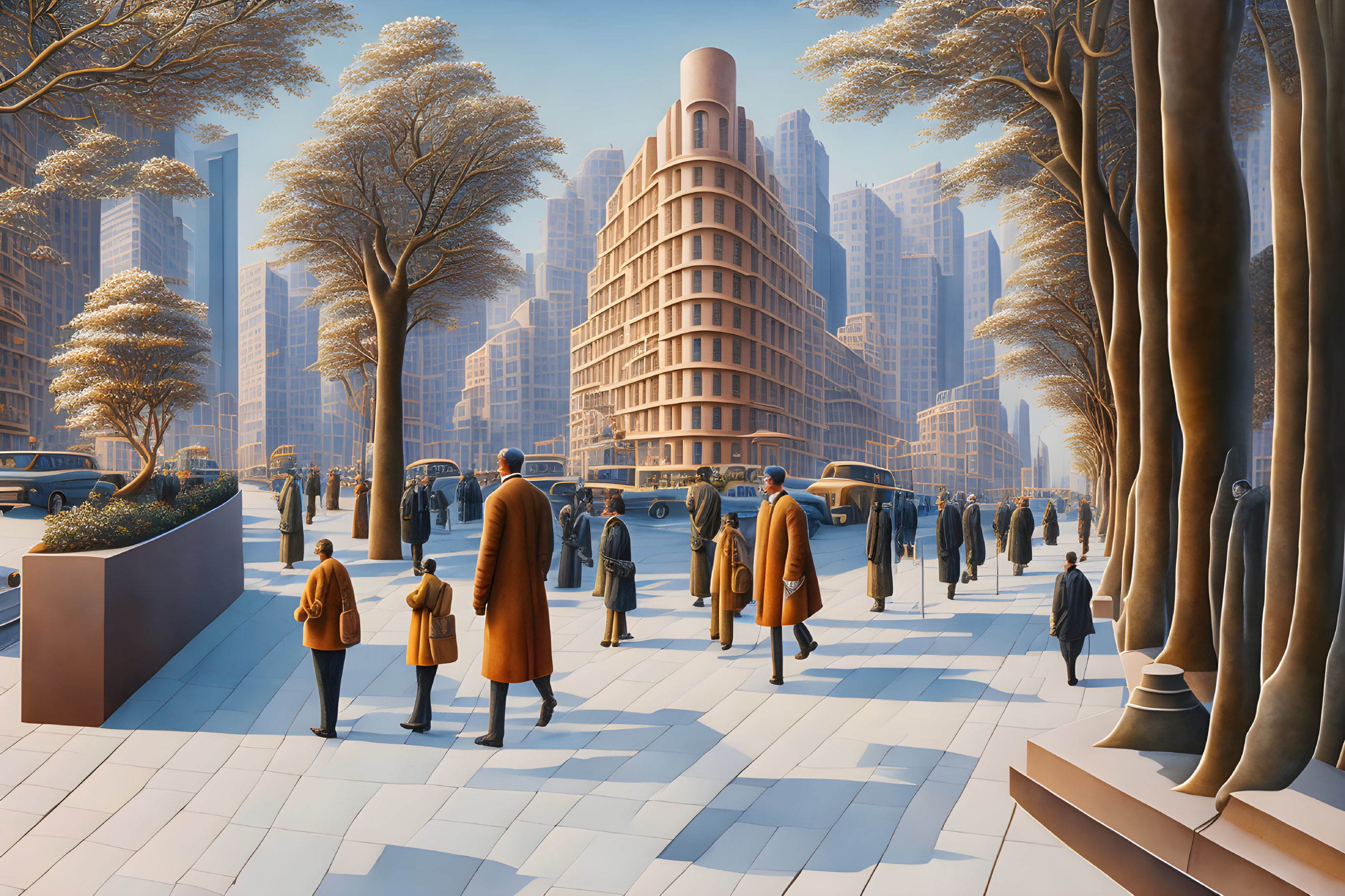 Cityscape with warm-toned figures, geometric trees, and clear blue sky.