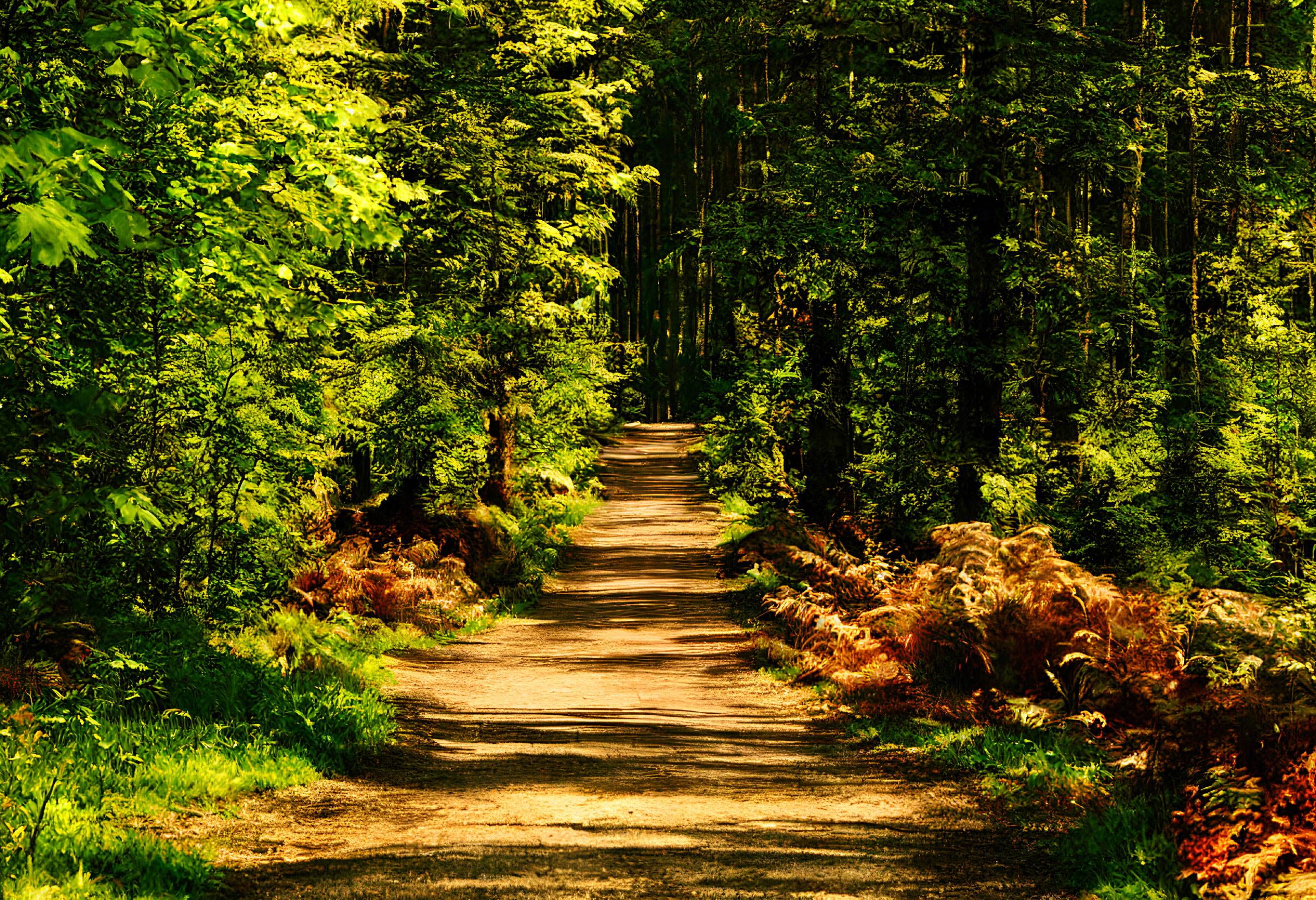 Scenic dirt path in sunlit forest with green trees and brown ferns