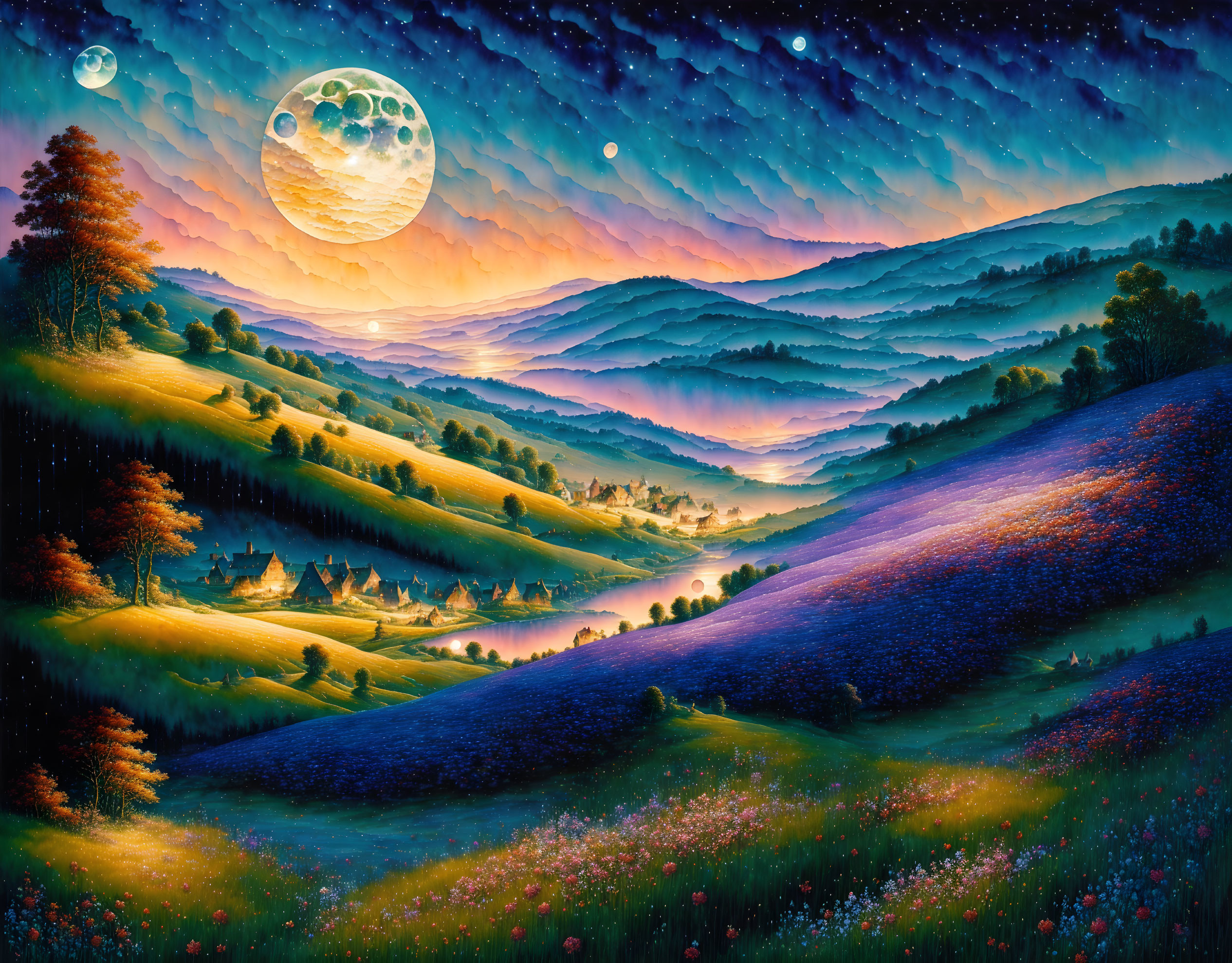 Scenic landscape with rolling hills, river, cottages, moon & stars