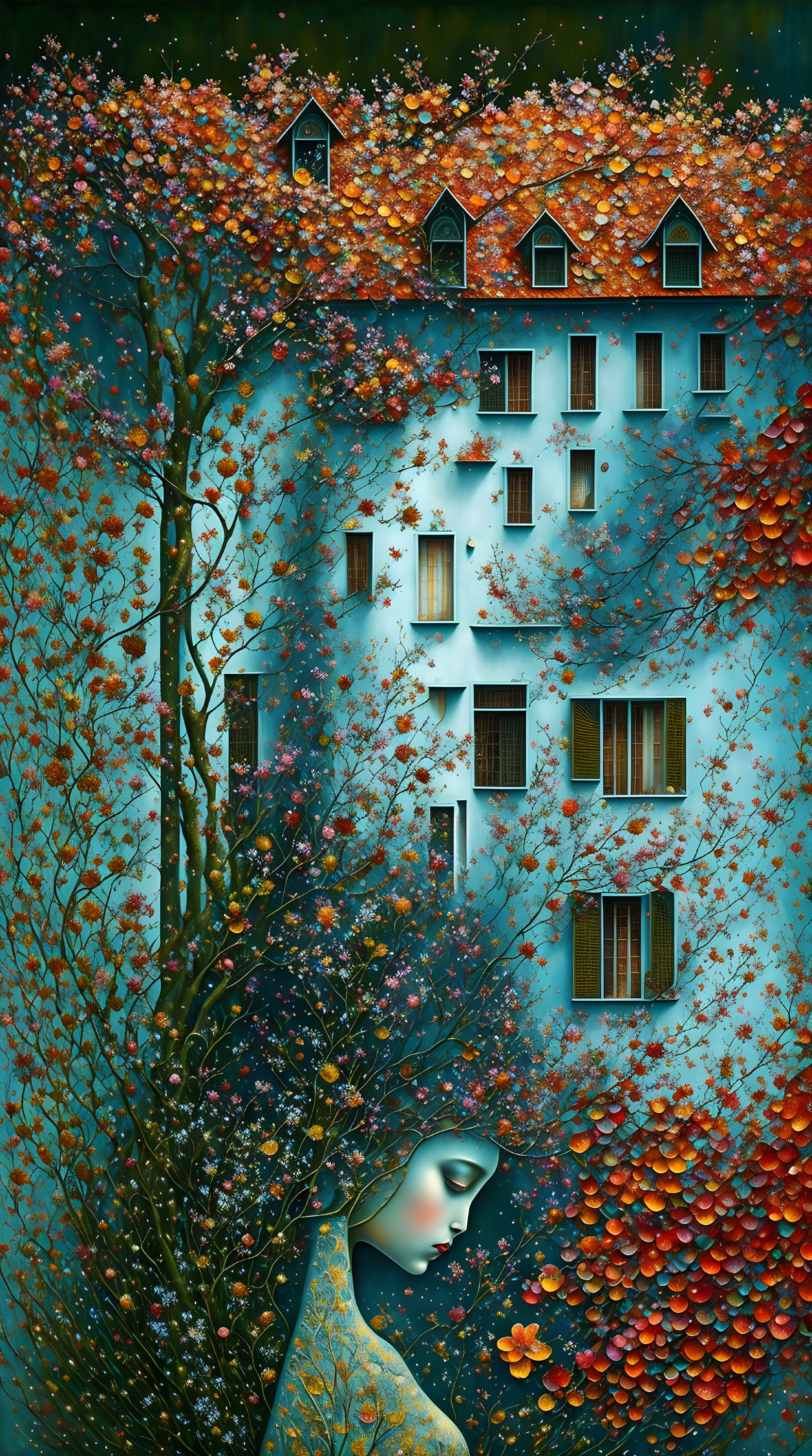 Surreal woman-tree fusion with autumn leaves, blue building, and flowering branches