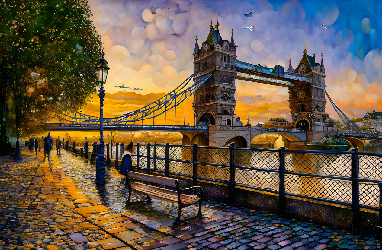 River twilight scene with Tower Bridge, cobblestone promenade, benches, street lamps, autumn sky