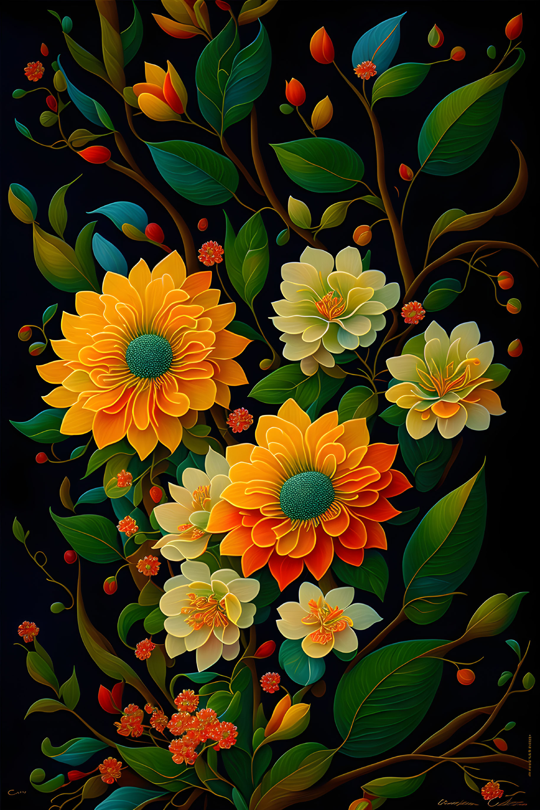 Yellow and White Flowers with Red Berries on Dark Background