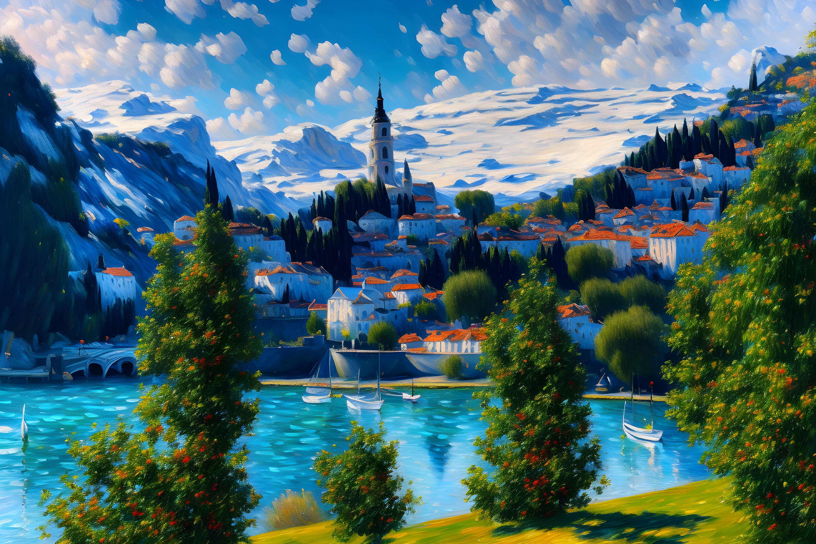 Scenic lakeside town with church spire, snowy mountains, and green trees