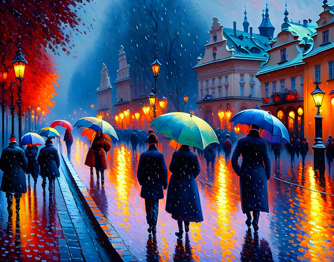 Night scene of people with umbrellas on rainy cobblestone street