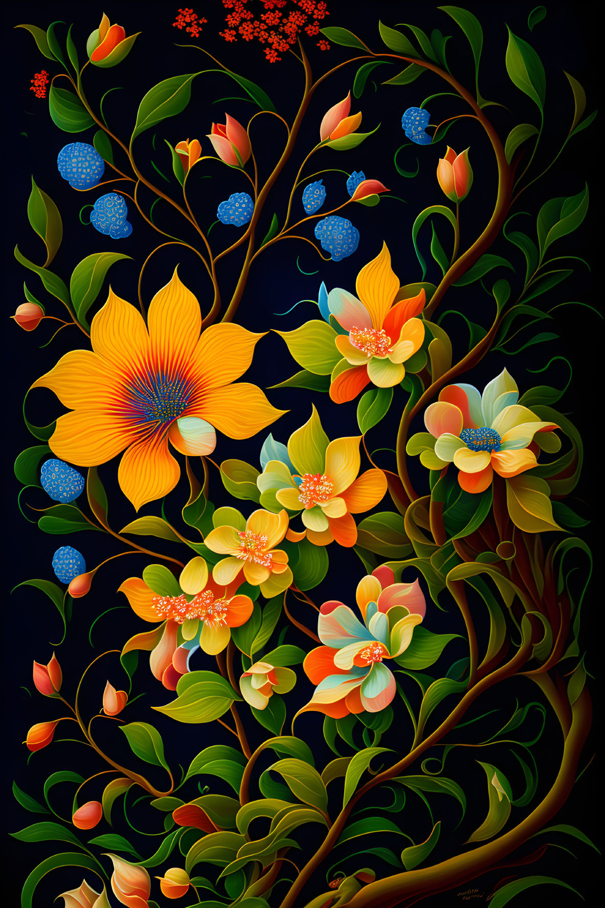 Colorful digital artwork featuring stylized flowers and leaves on dark background