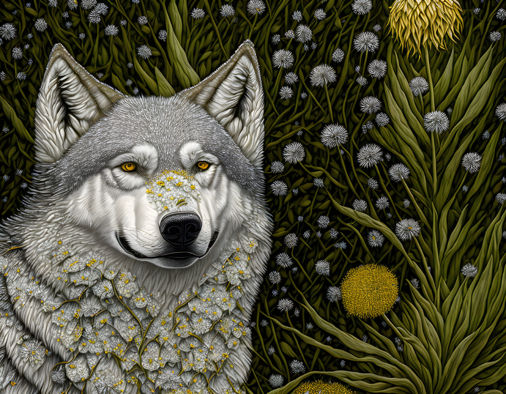 Detailed hyper-realistic wolf face surrounded by dandelions and foliage