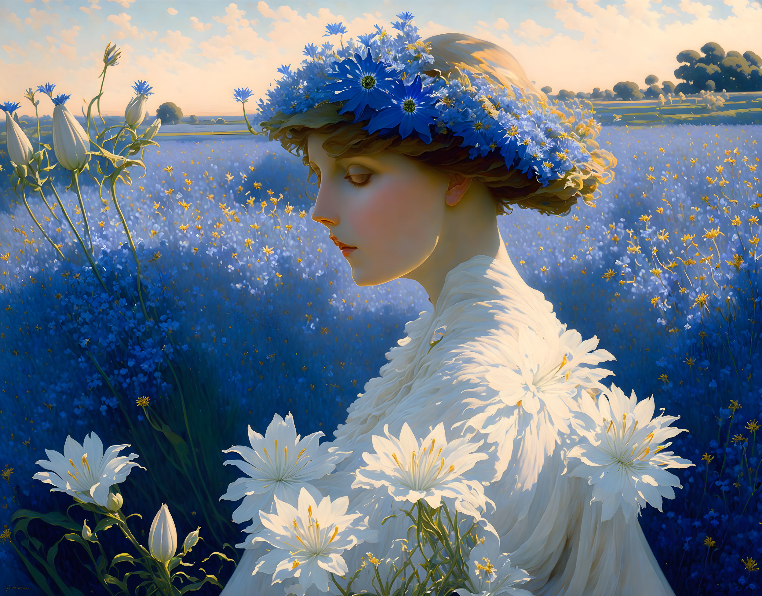 Woman in white dress with blue flower crown in serene field of flowers