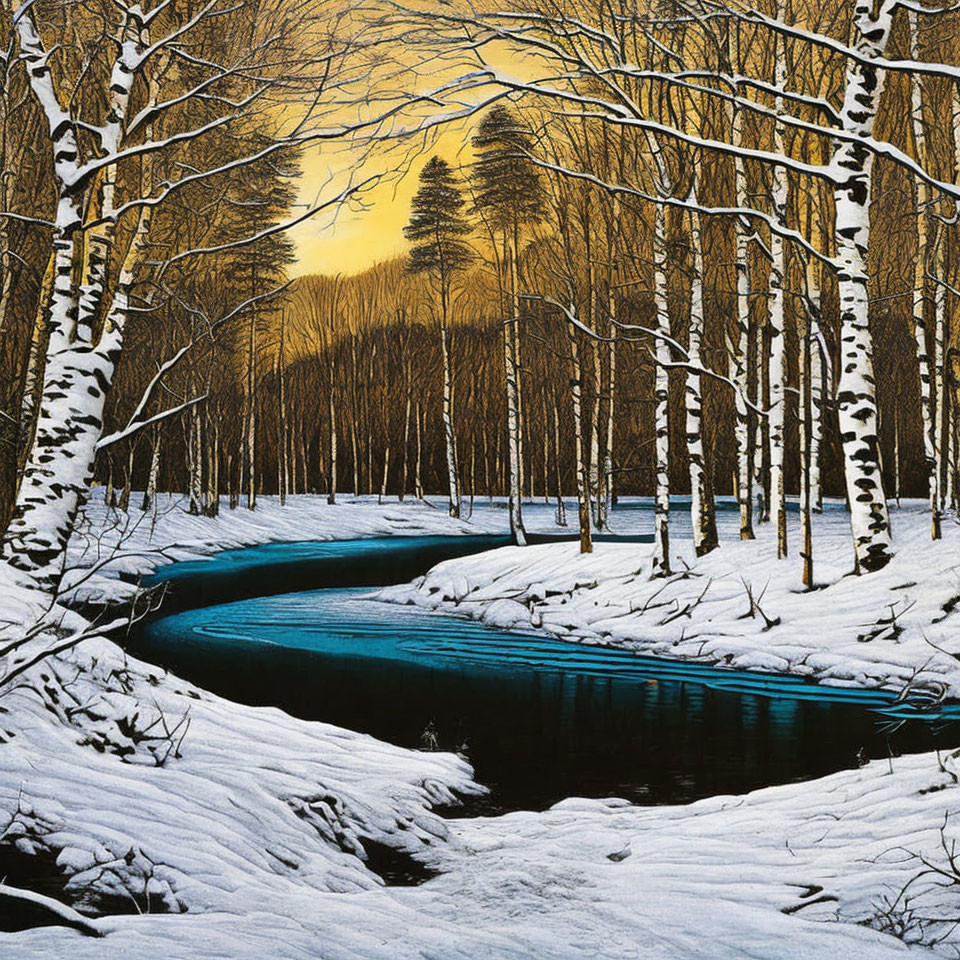 Tranquil winter scene: Birch trees, snowy riverbank, warm sunset