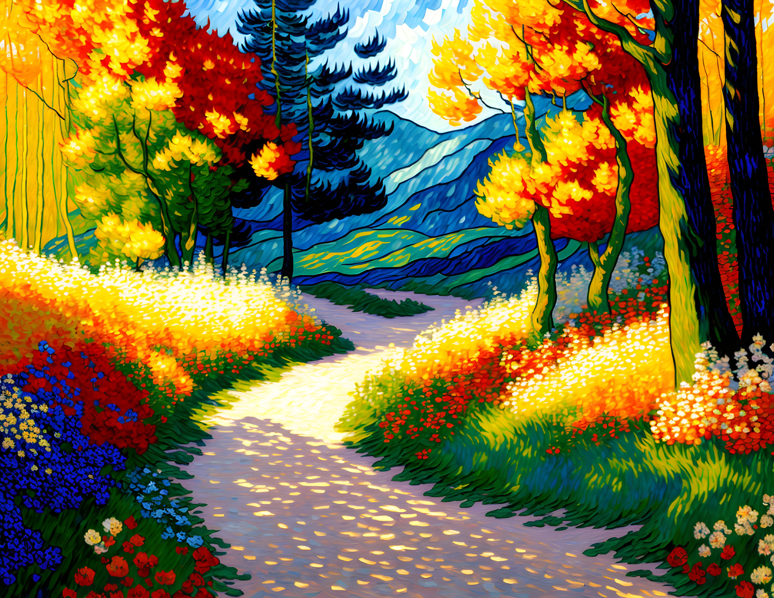 Colorful Autumn Forest Path Painting with Blue Mountains