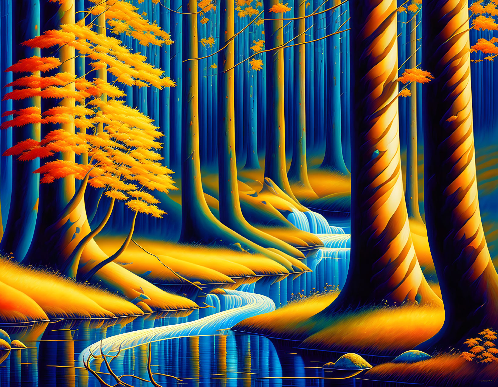 Mystic forest digital art: towering trees, winding river, autumn leaves, vivid colors