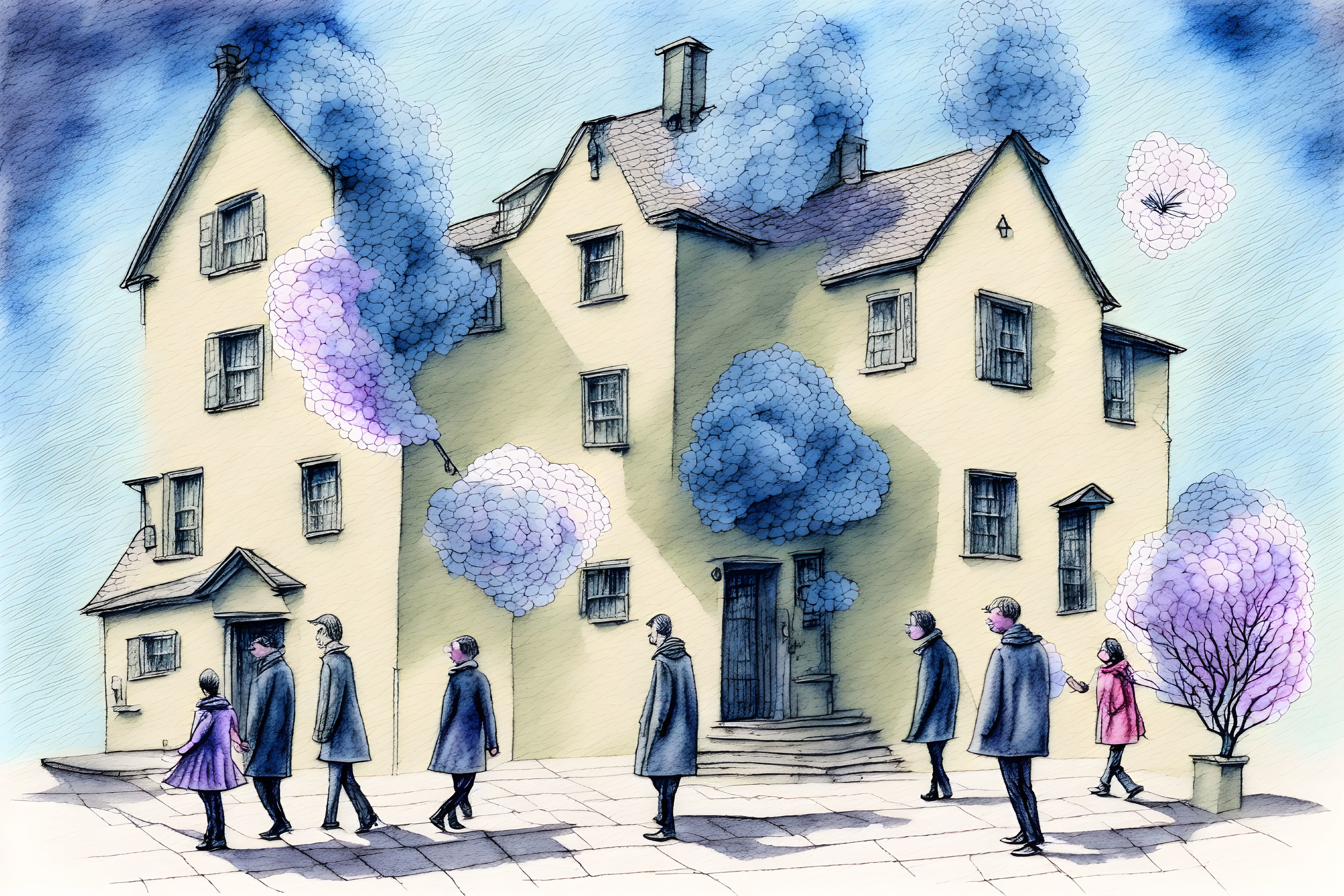 Illustration: People in Coats Outside Beige House with Whimsical Trees and Flowered Sky