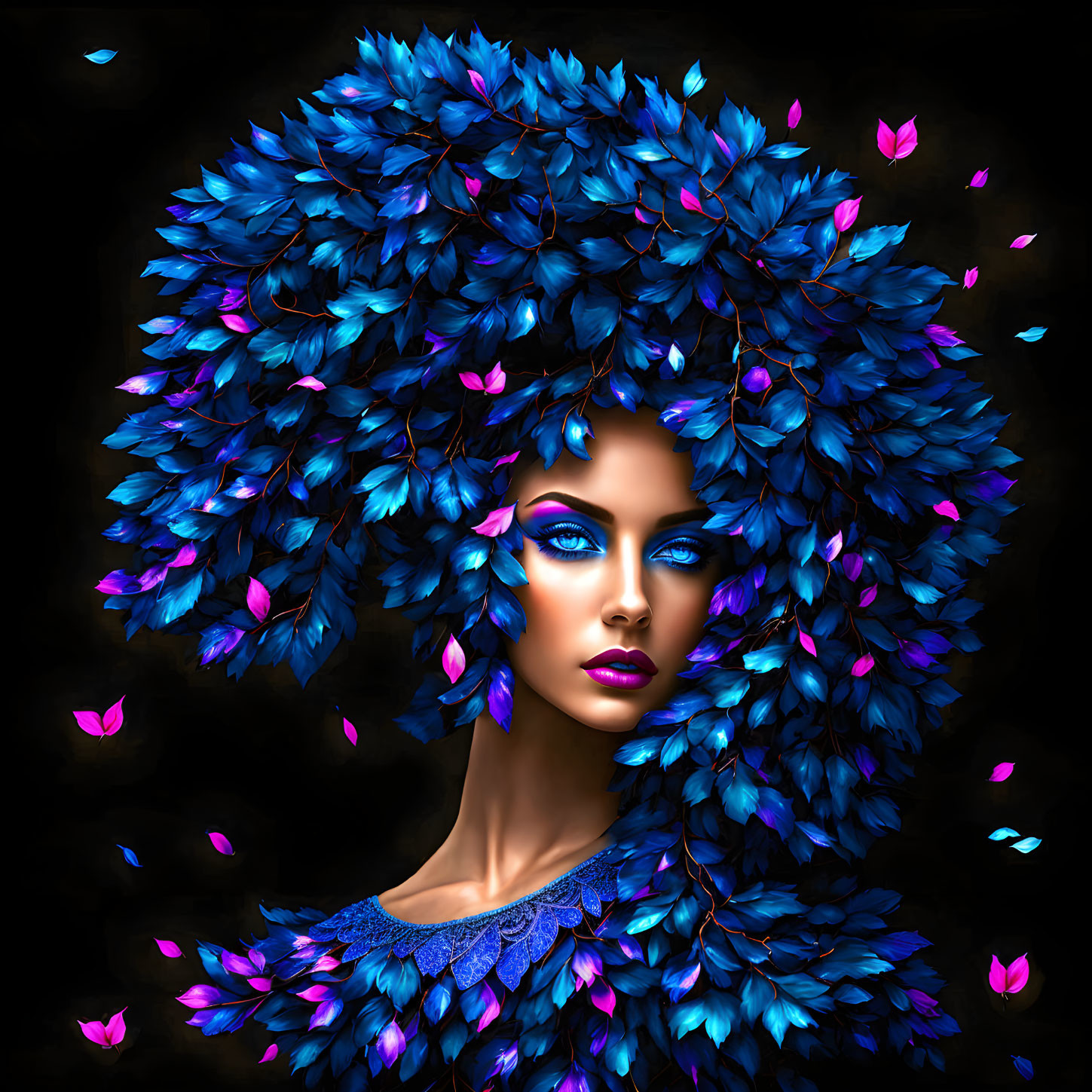 Colorful digital illustration of woman with blue and magenta feather-like adornments