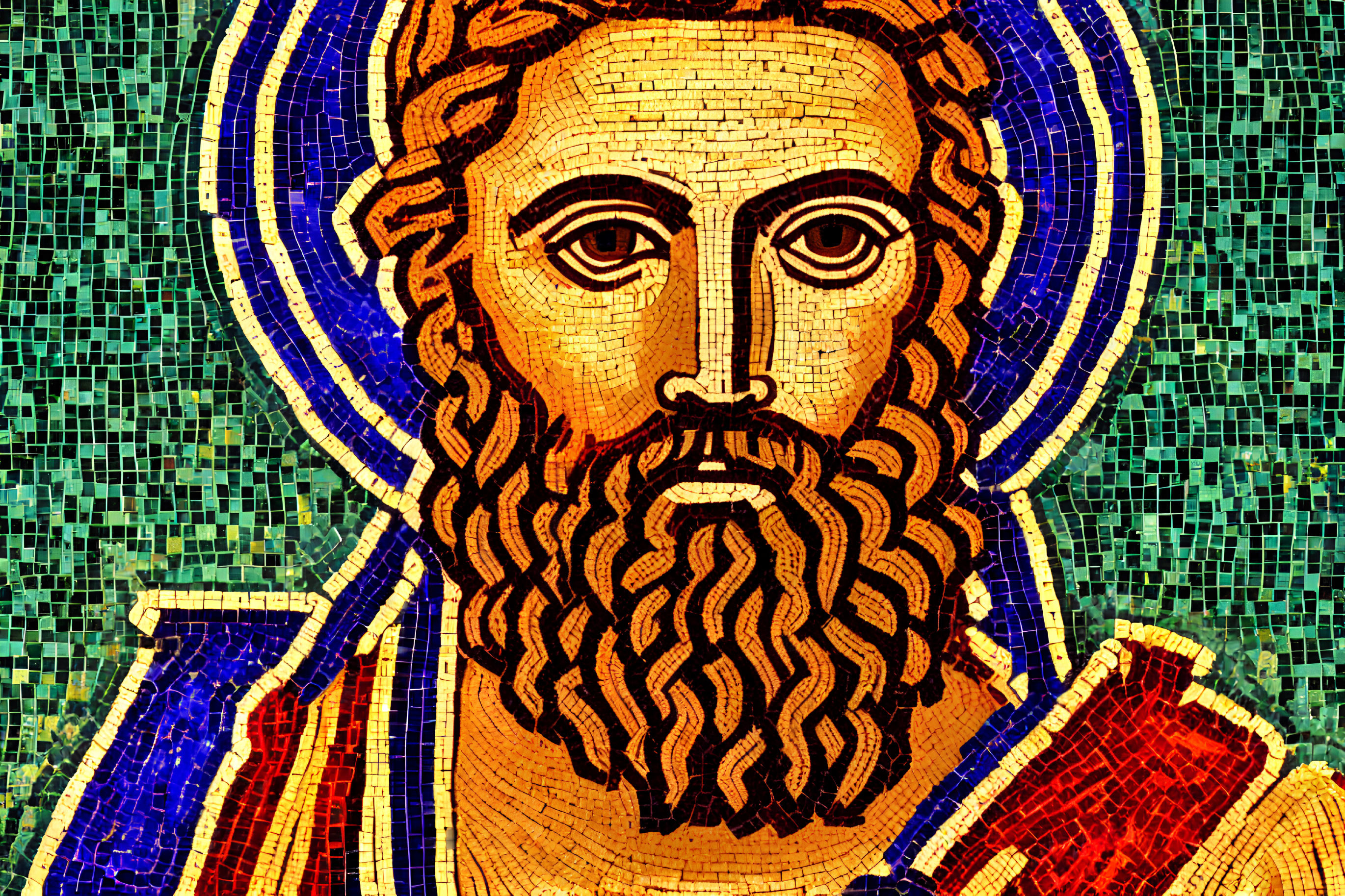 Colorful mosaic of a haloed bearded figure in traditional religious art style