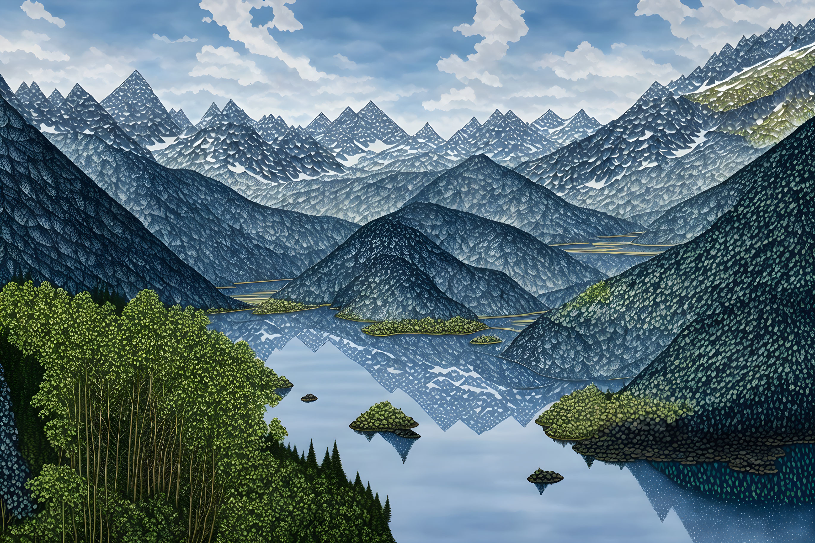 Tranquil landscape with lake, forested hills, and snowy mountains