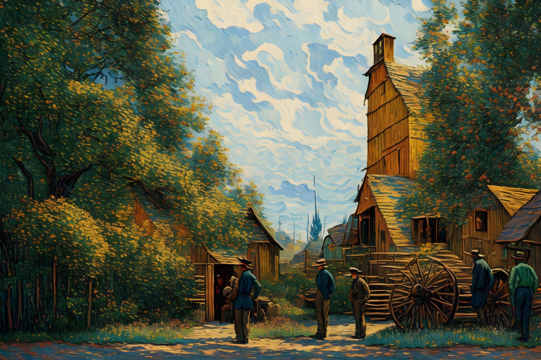 Rustic village painting with wooden mill and lush trees