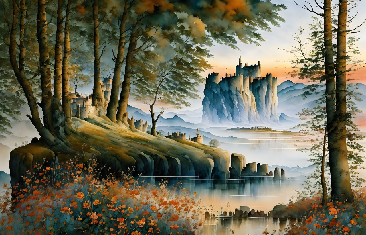 Misty mountains, ancient castle, forest, lake in scenic landscape