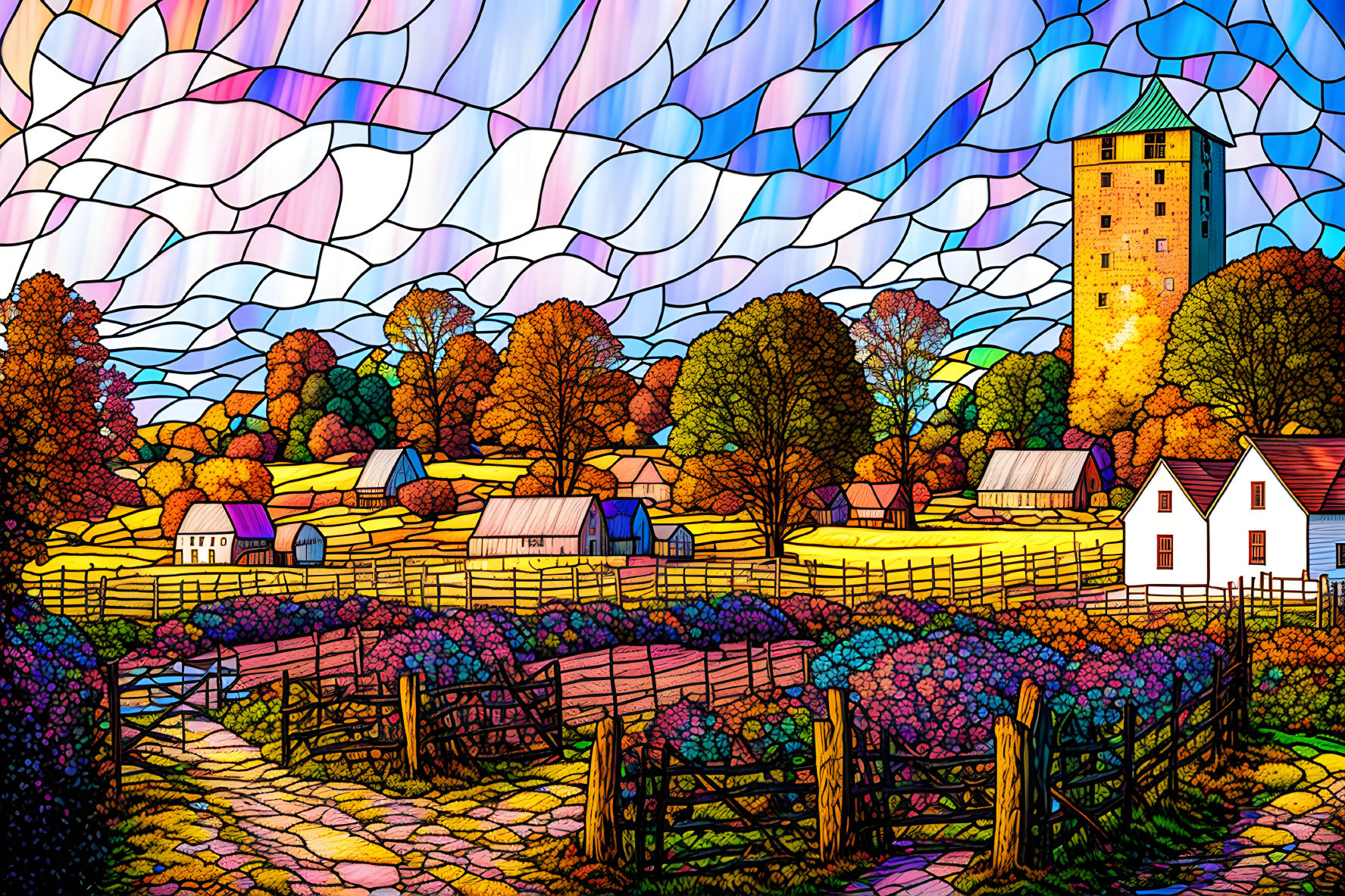 Colorful Stained-Glass Style Rural Landscape Illustration