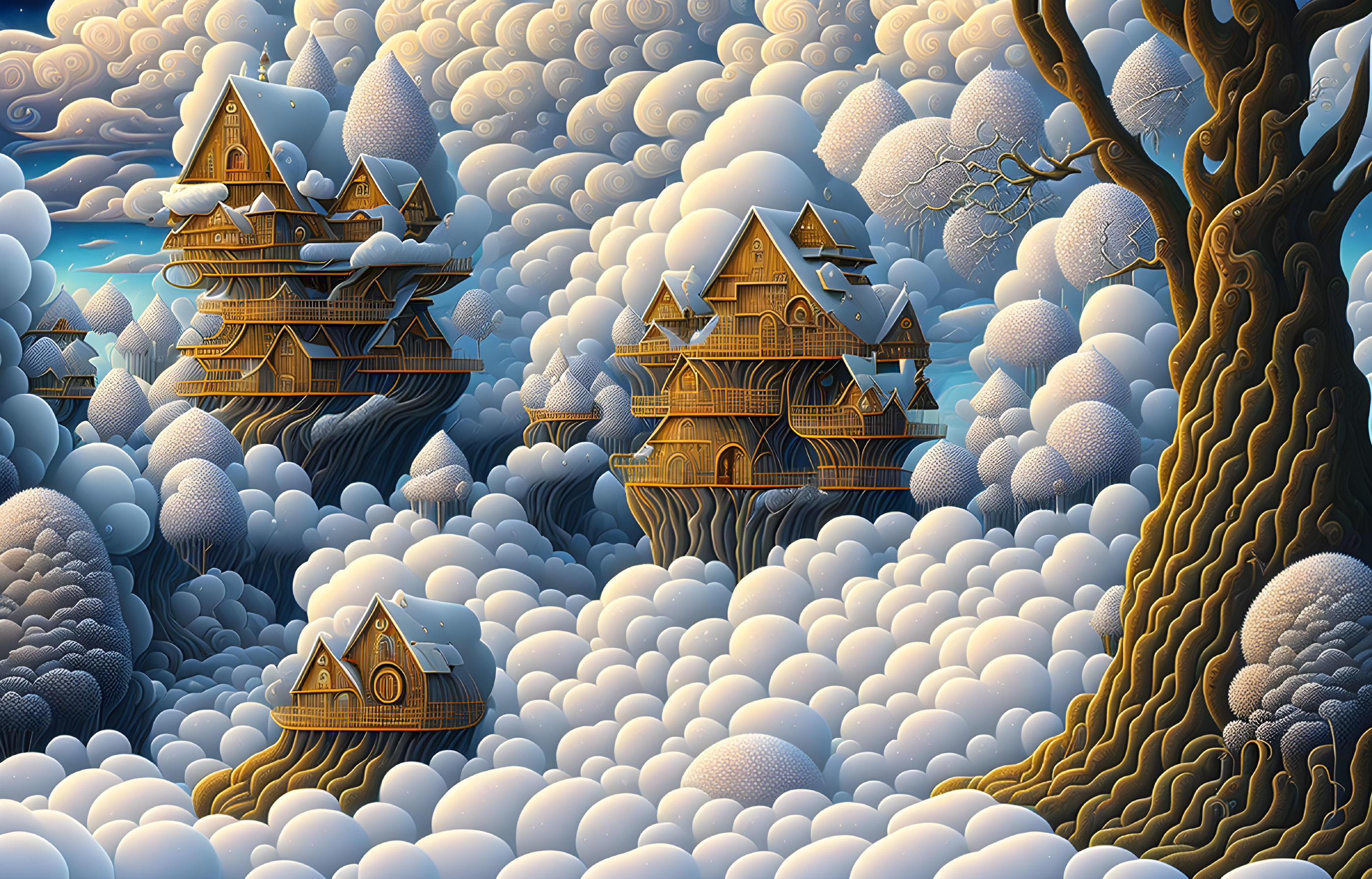 Whimsical houses on clouds with surreal tree and wave-like sky