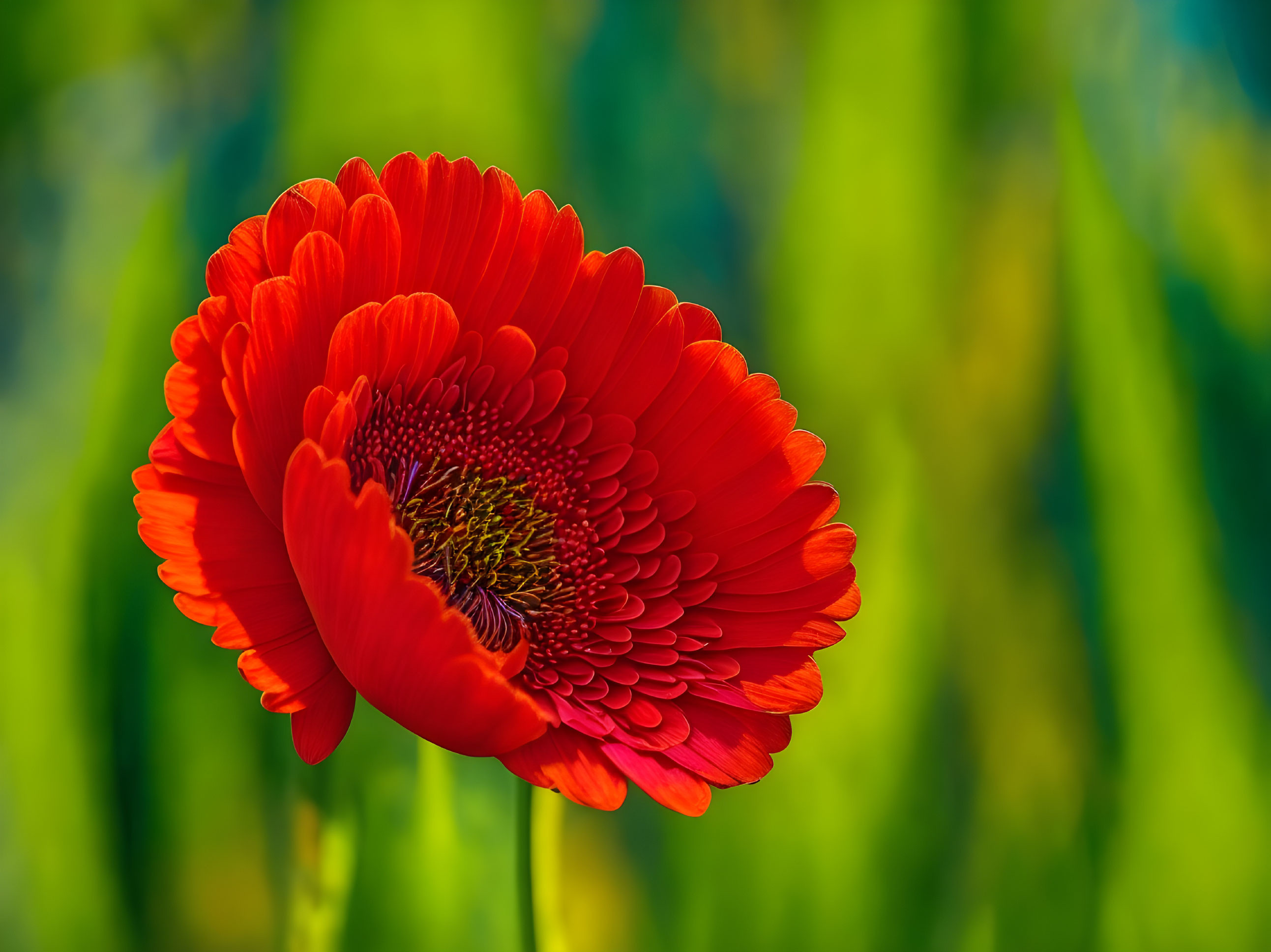 Bright Red Gerbera Daisy on Green Background