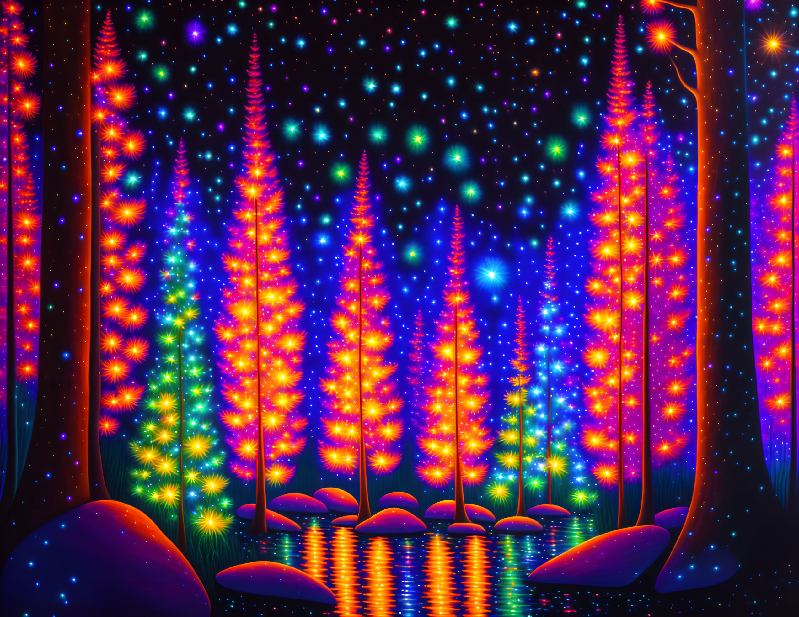 Fantasy forest digital art: Neon trees, starry sky, colorful lights