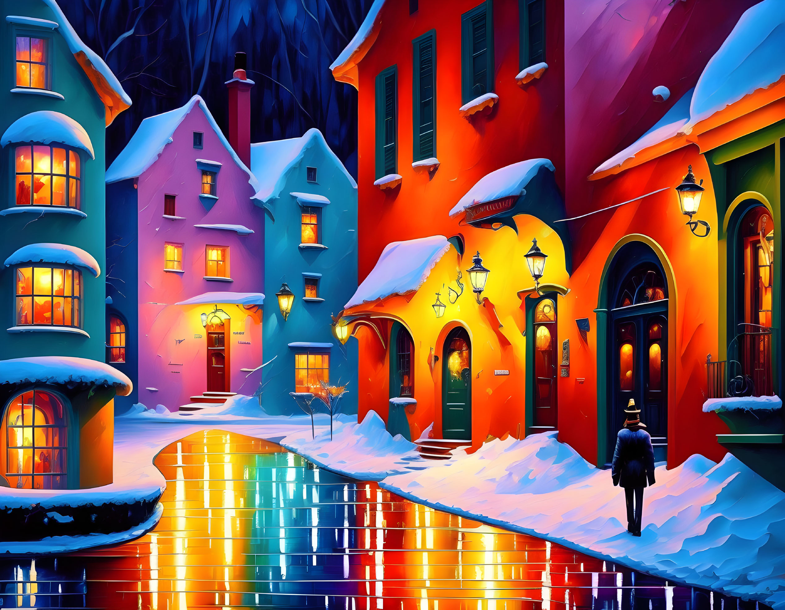 Person walking on wet cobblestone street among snow-covered houses at twilight