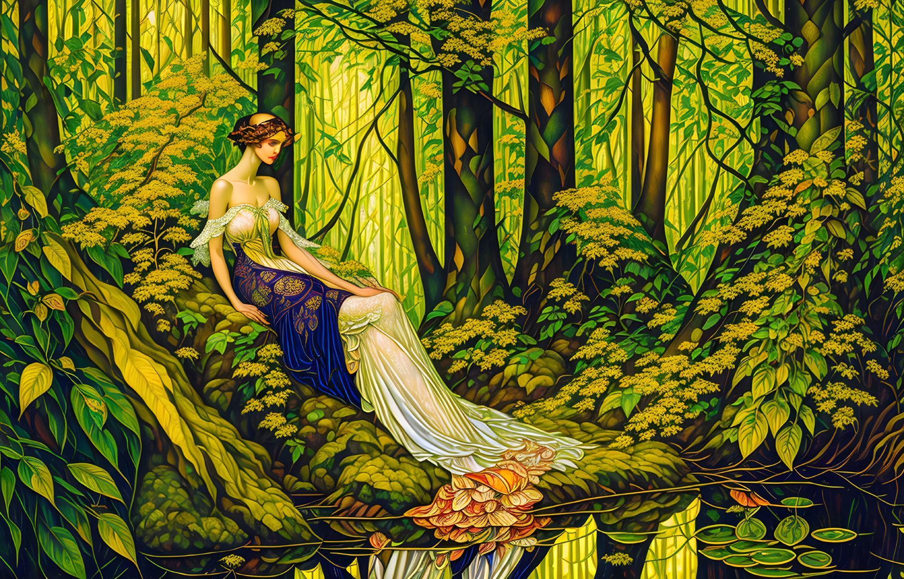 Art Nouveau Style Woman in Elegant Gown Sitting in Forest