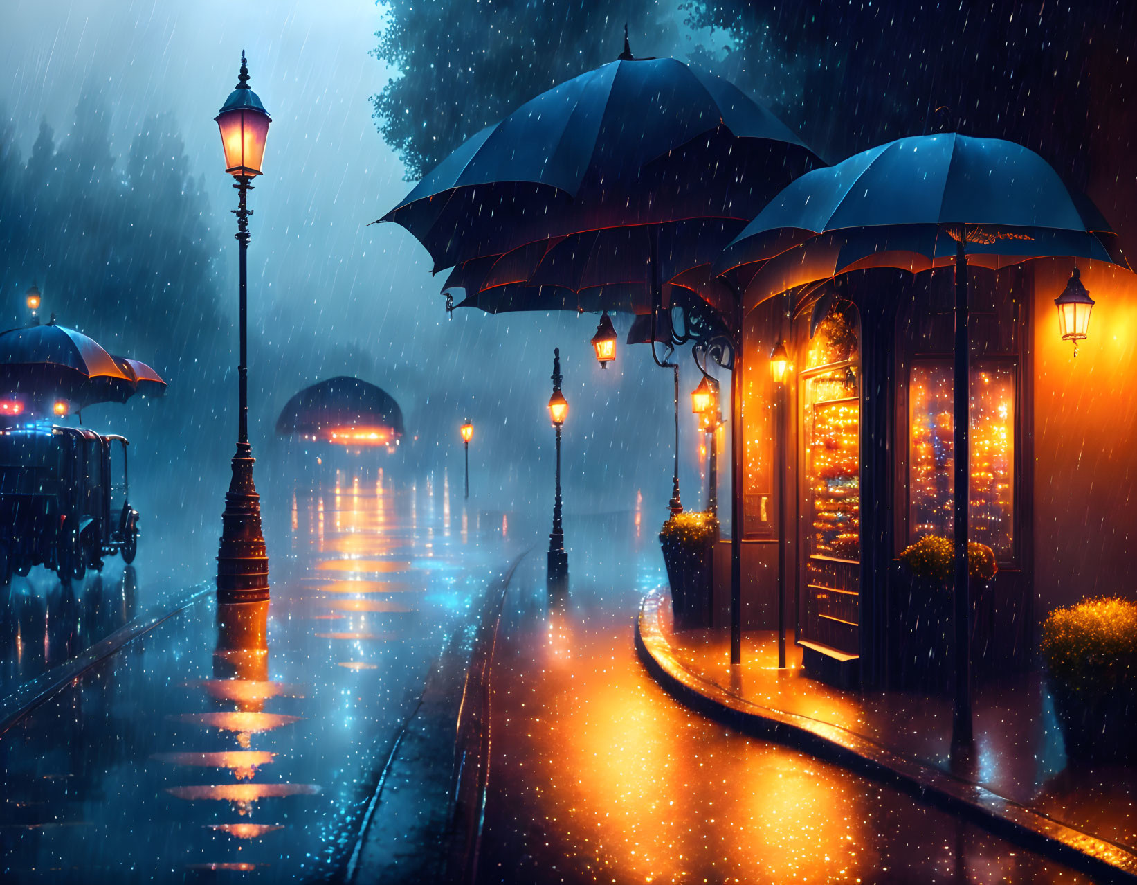 Rainy Evening Scene: Street Lamps, Umbrellas, Wet Pavement