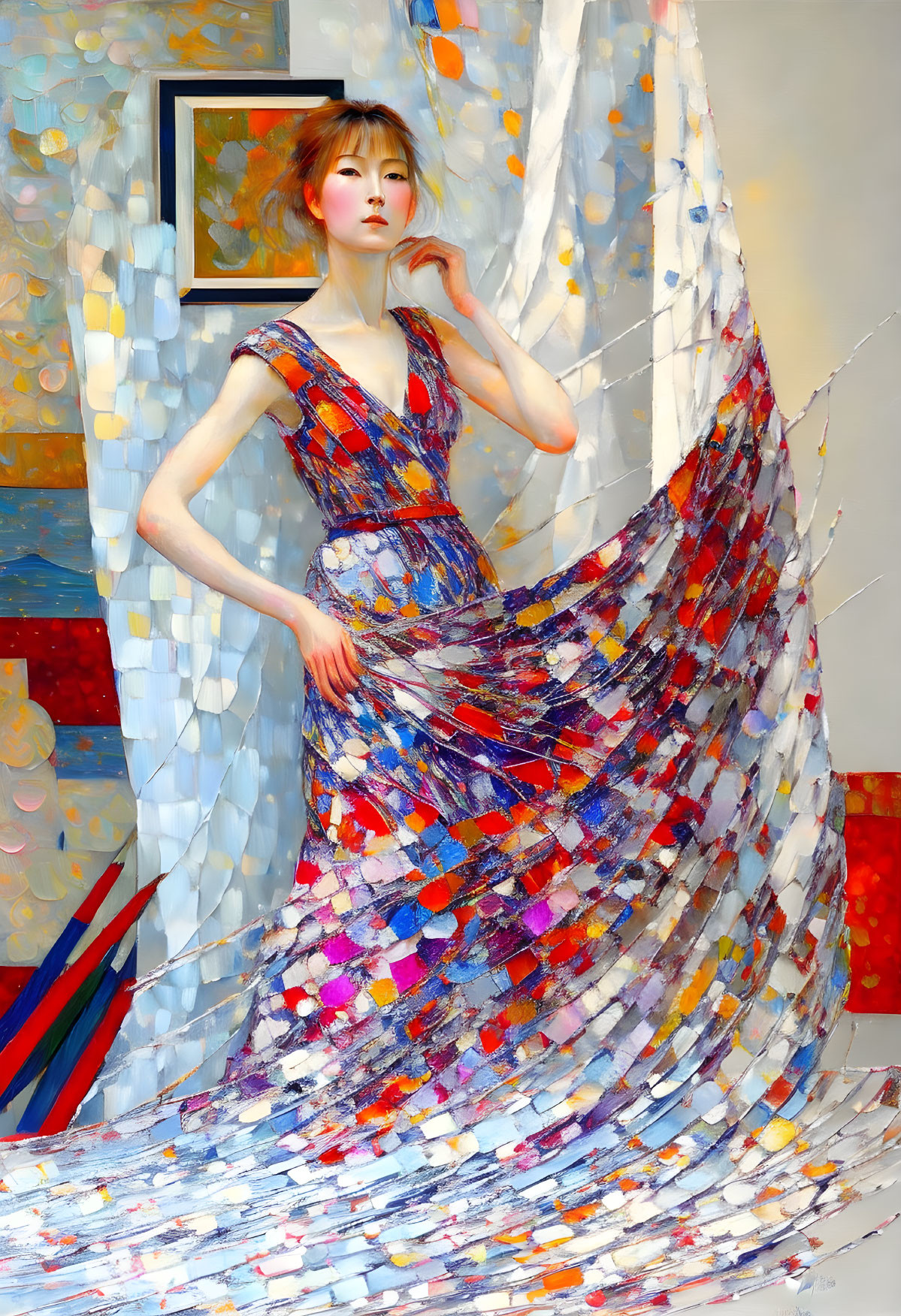 Colorful mosaic-patterned dress on woman in vibrant room