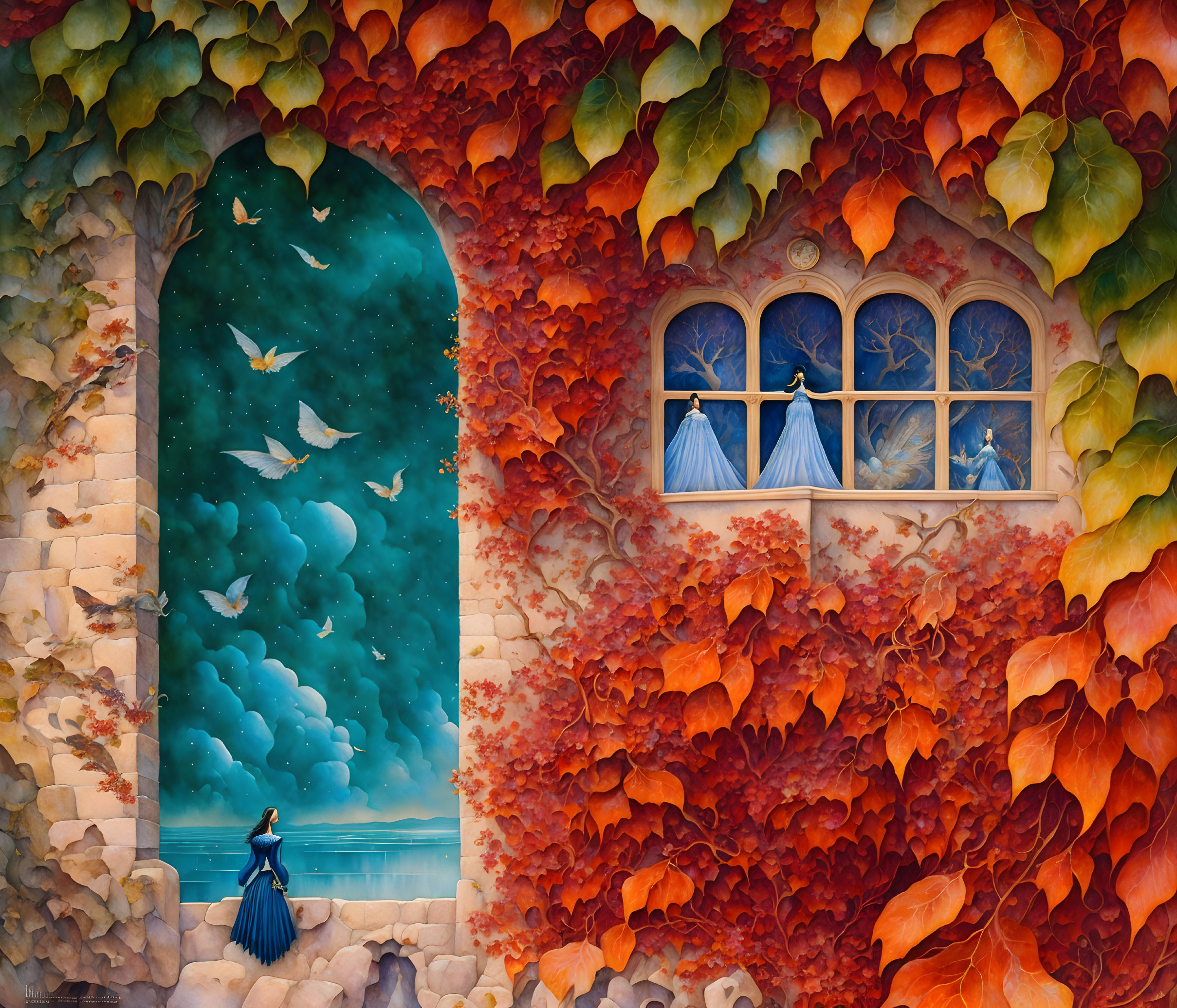 Vibrant autumn leaves with woman, birds, and stone wall observers