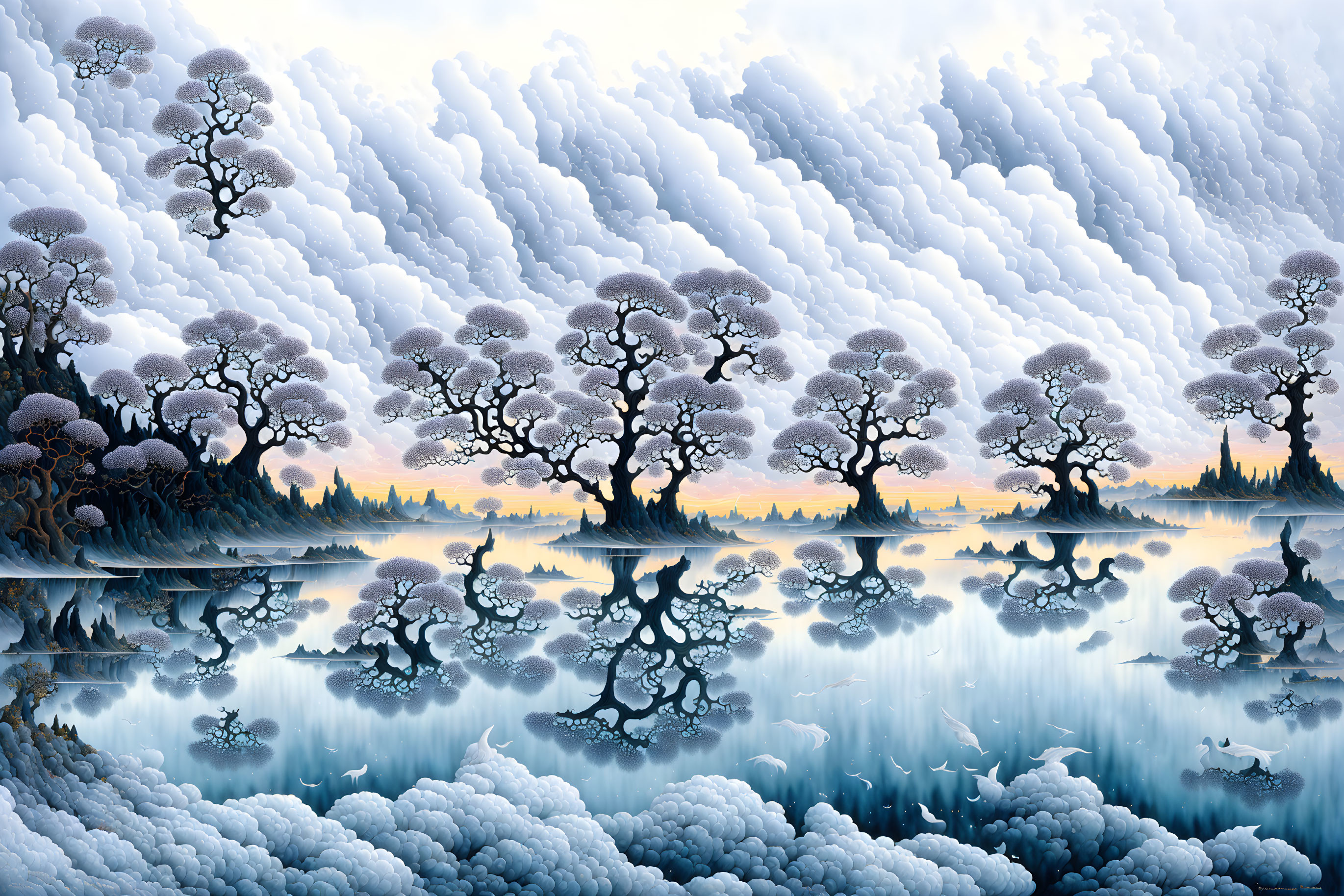 Surreal landscape featuring bonsai-like trees on misty islets reflected in tranquil water under fluffy