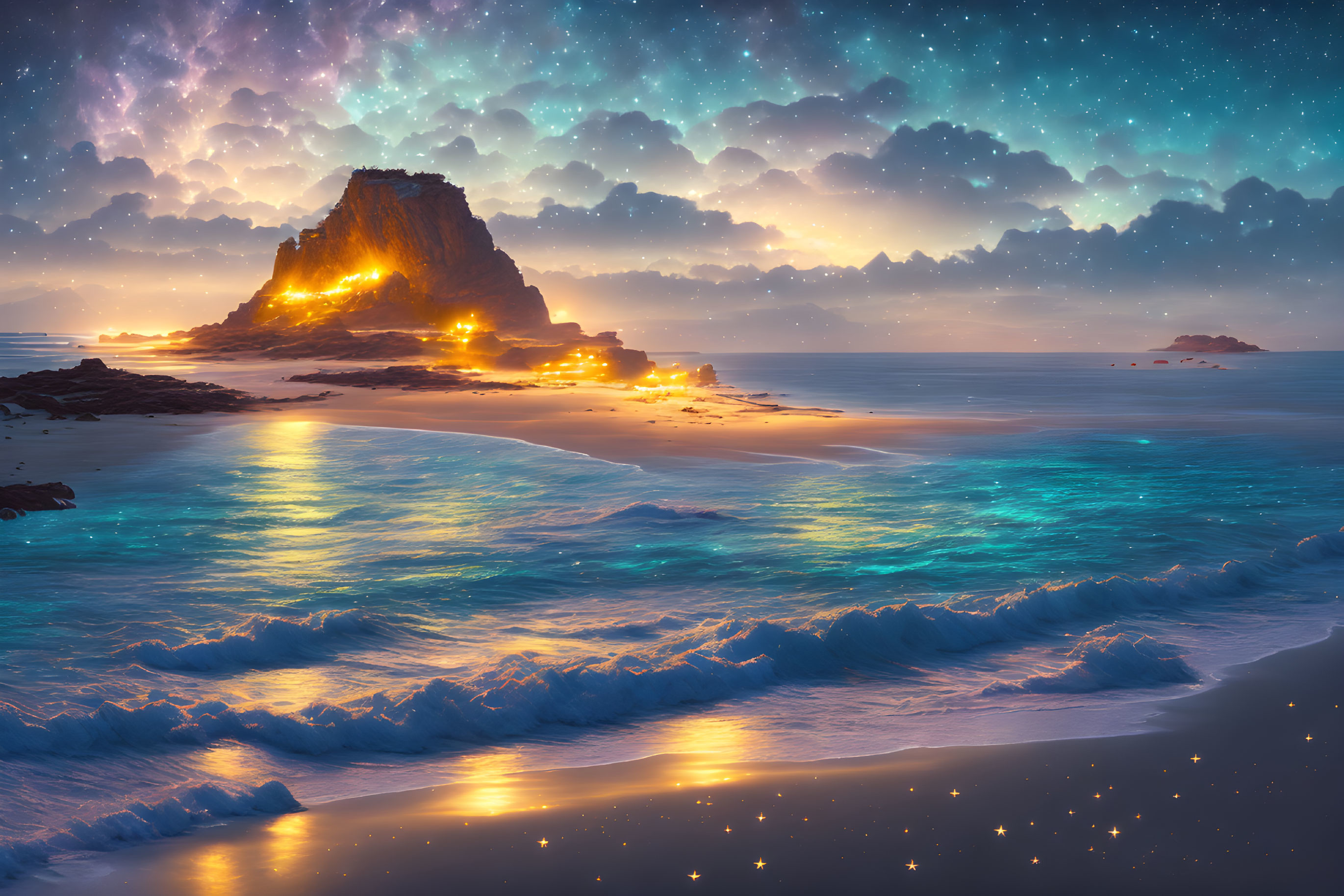 Majestic seaside cliff under starry sky with bioluminescent waves