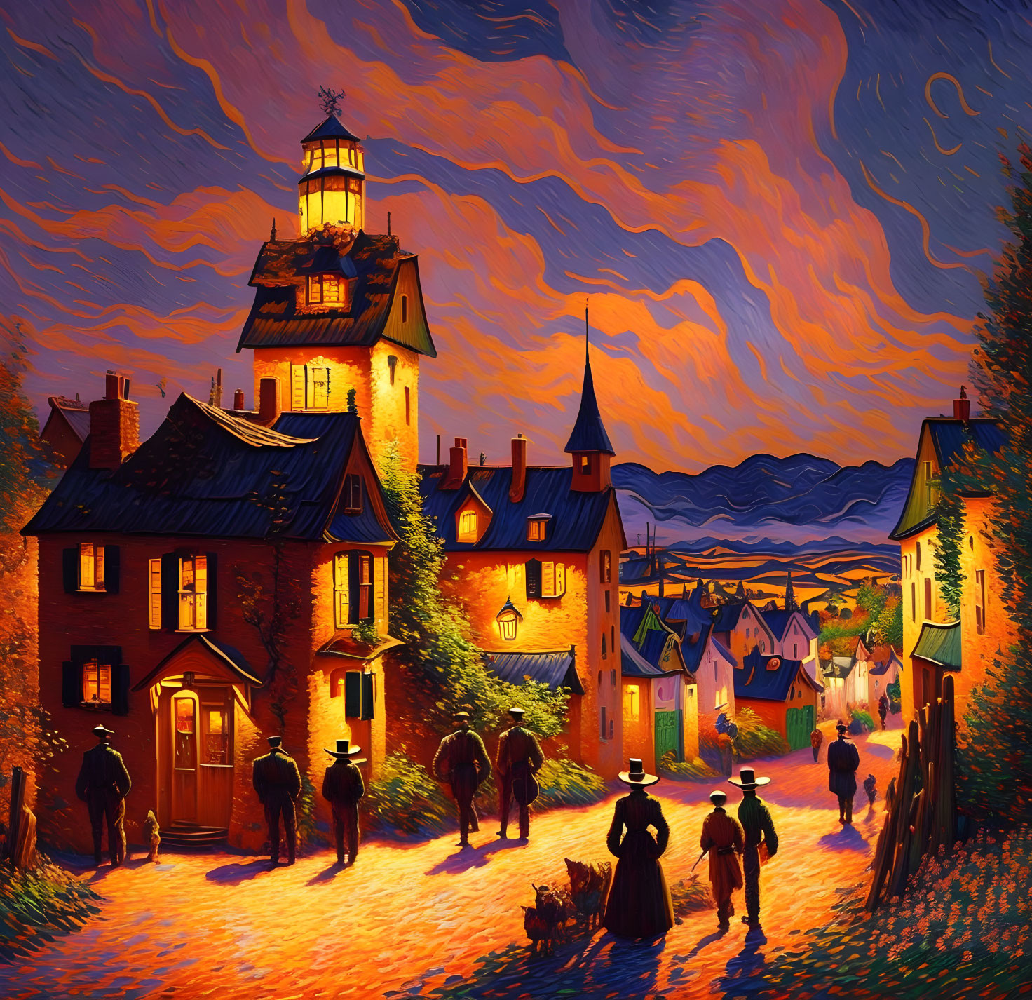 Lighthouse painting: Village scene under twilight sky