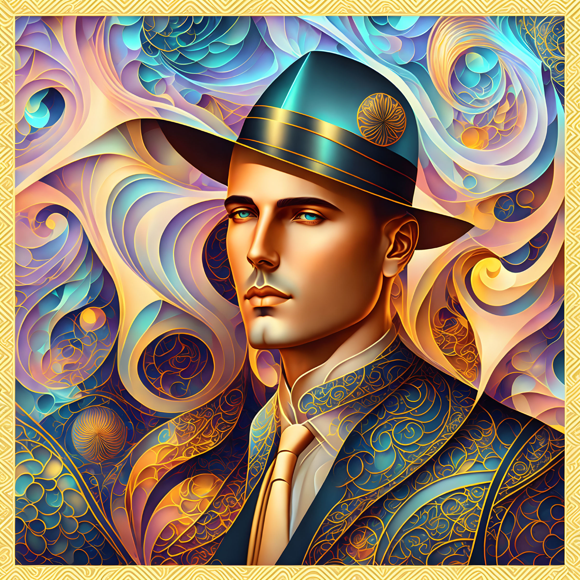 Colorful abstract art of a stylized male figure with a hat