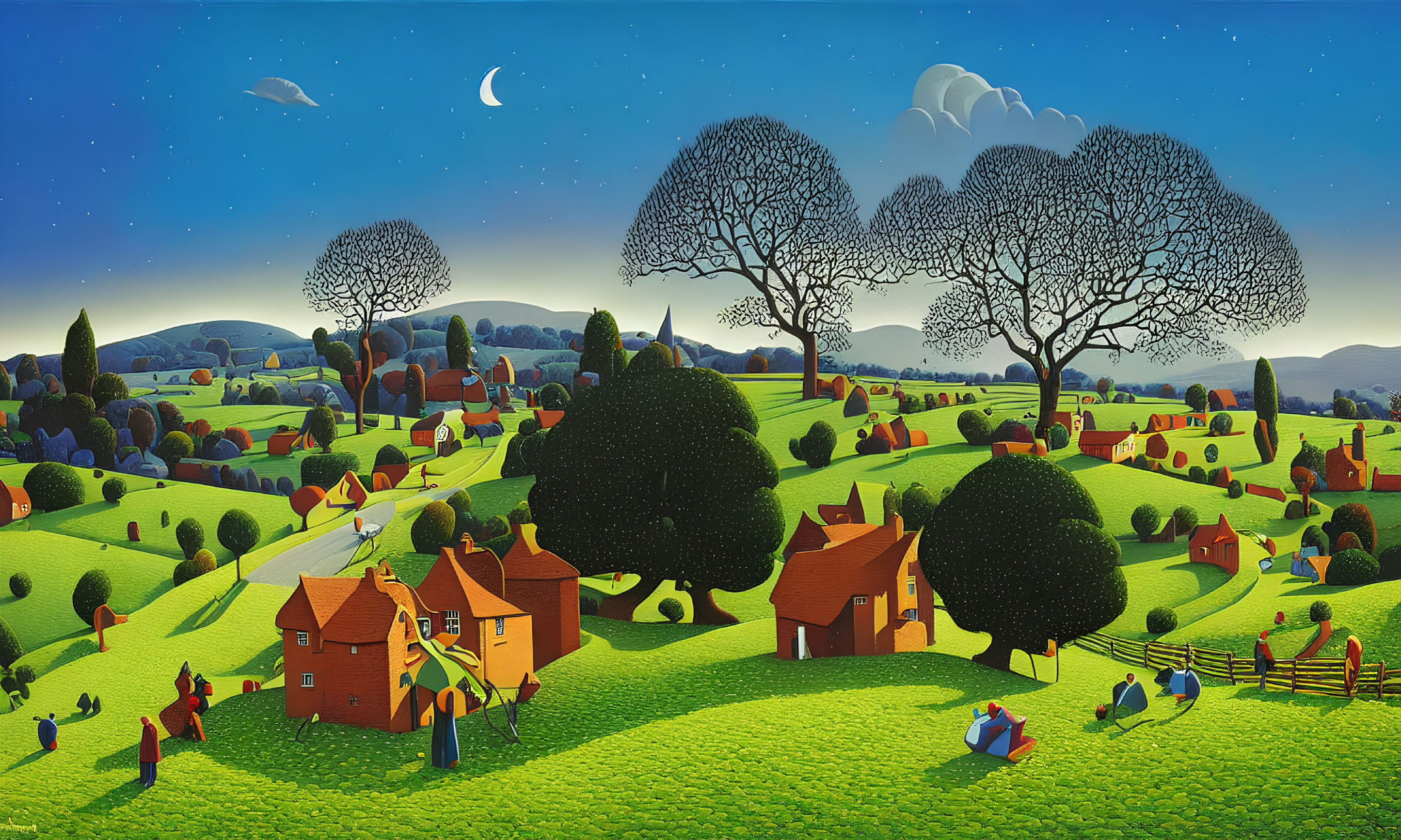 Colorful painting of a whimsical landscape with stylized houses, hills, trees, and people under