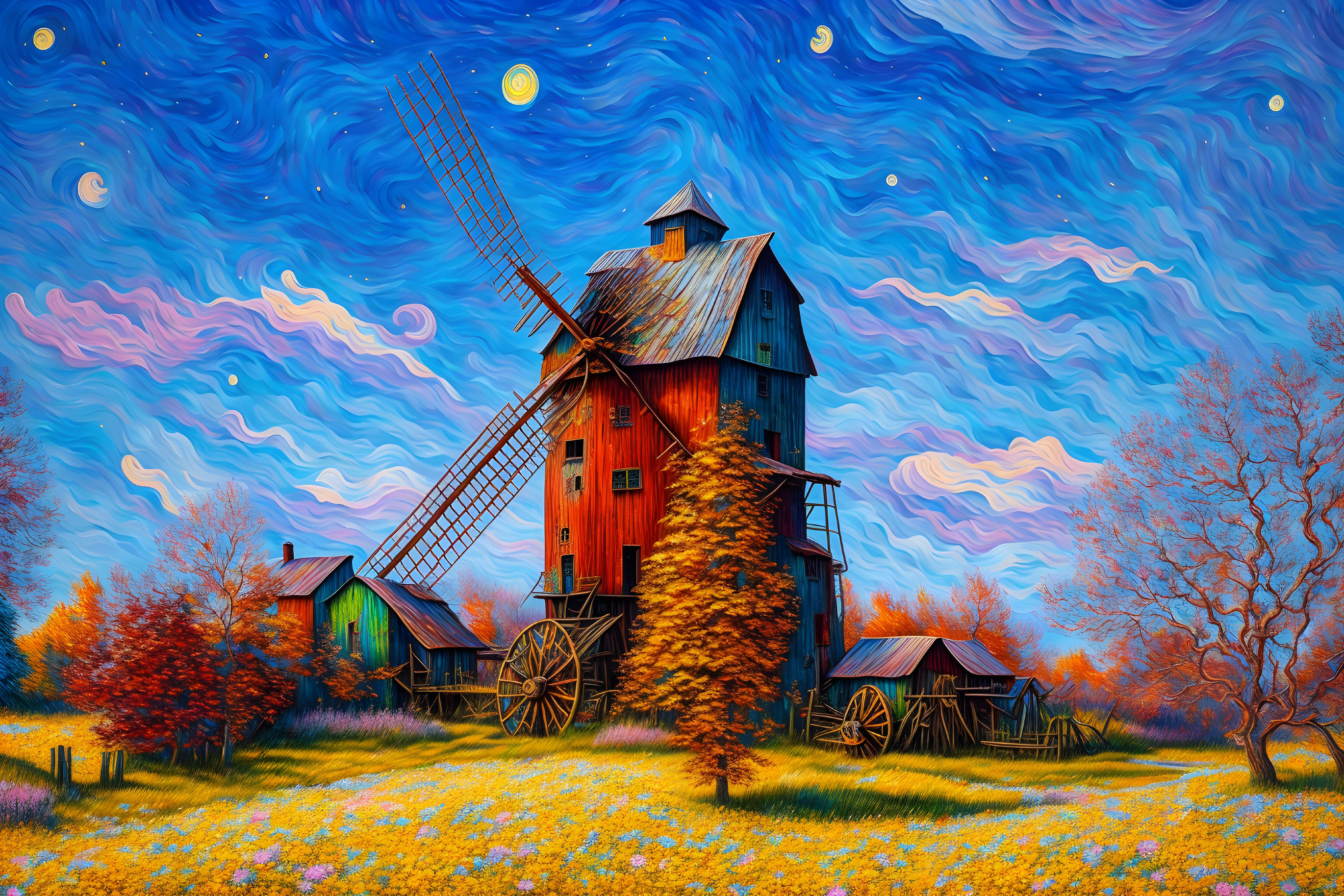 Colorful Windmill and Cottages in Van Gogh-inspired Painting