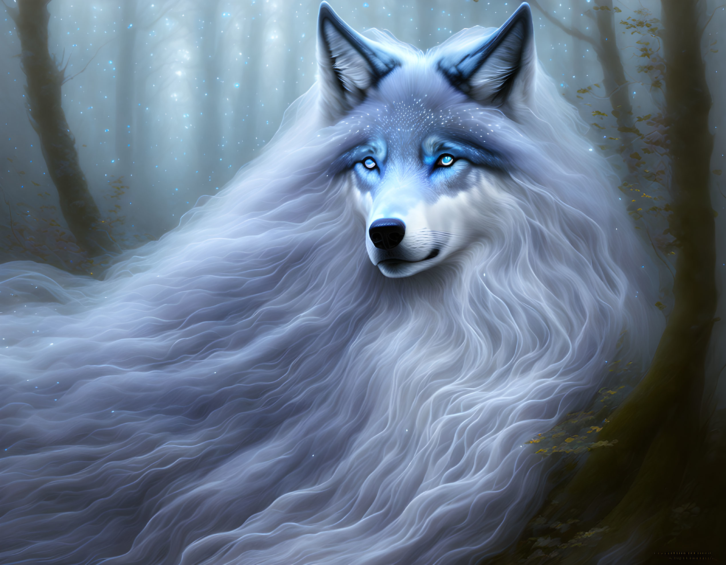 White wolf with blue eyes in mystical forest landscape